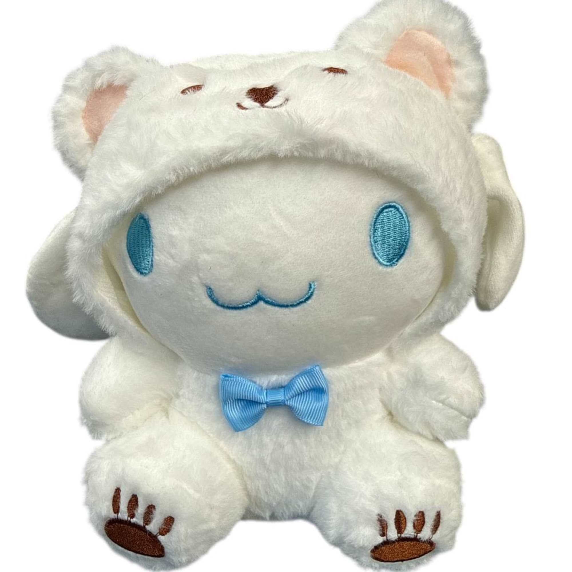 Plush white bear character with blue bow tie and hood