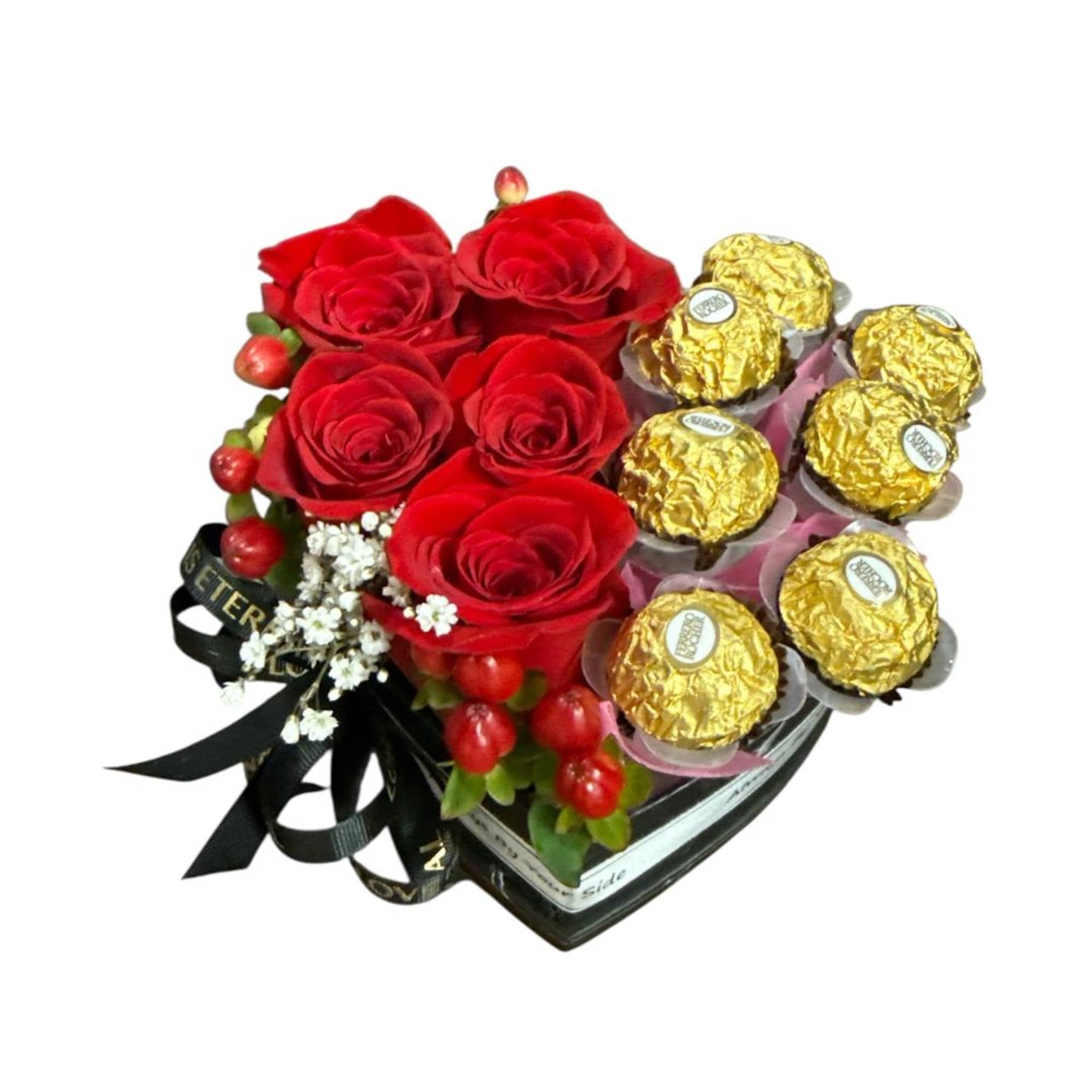Red roses with gold-wrapped chocolates in a heart-shaped box