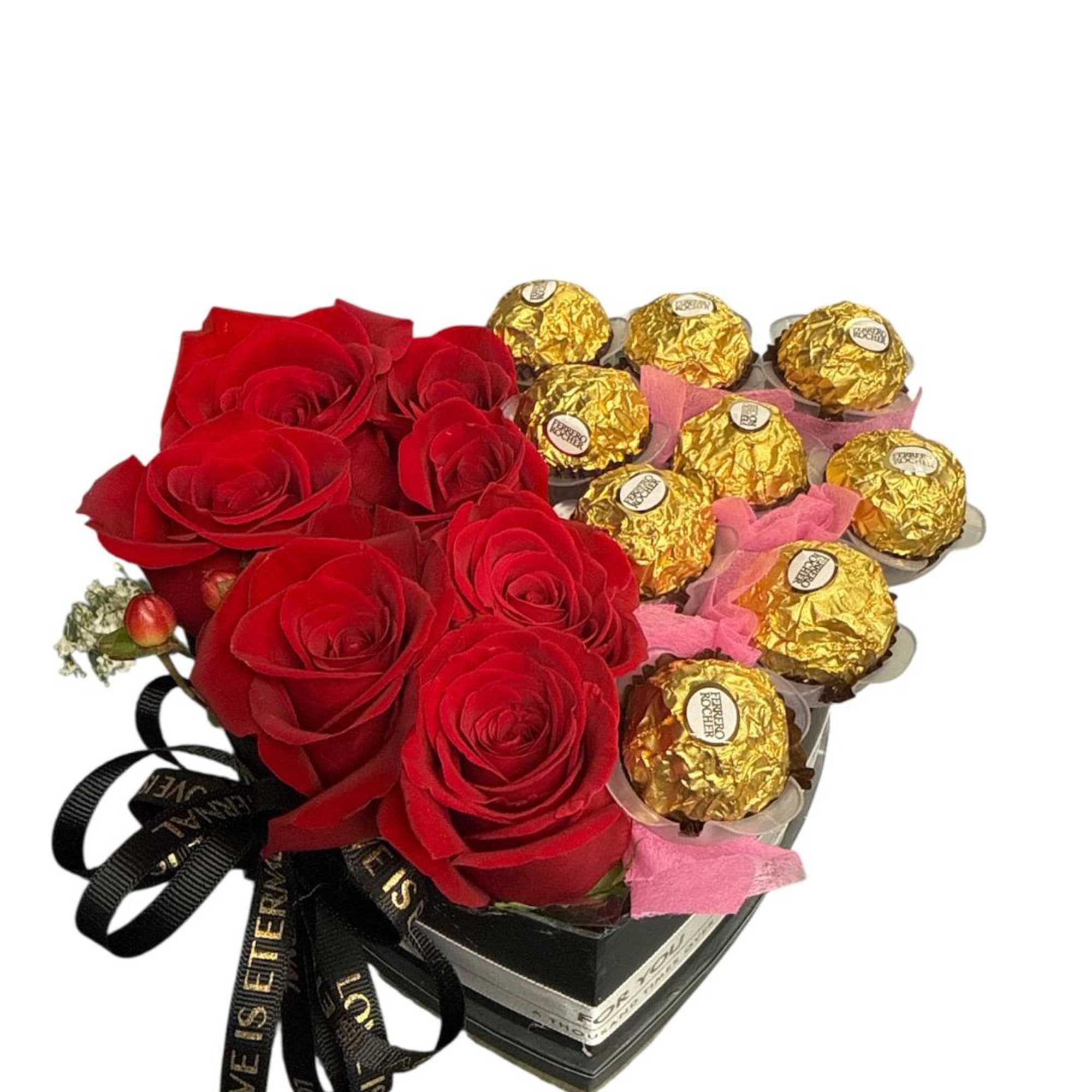 Heart-shaped box with red roses and gold-wrapped chocolates