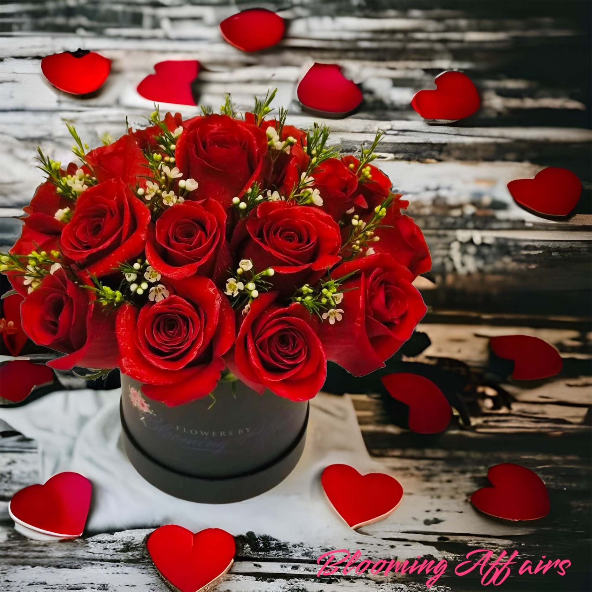 Red roses arranged in a black round box with heart decorations