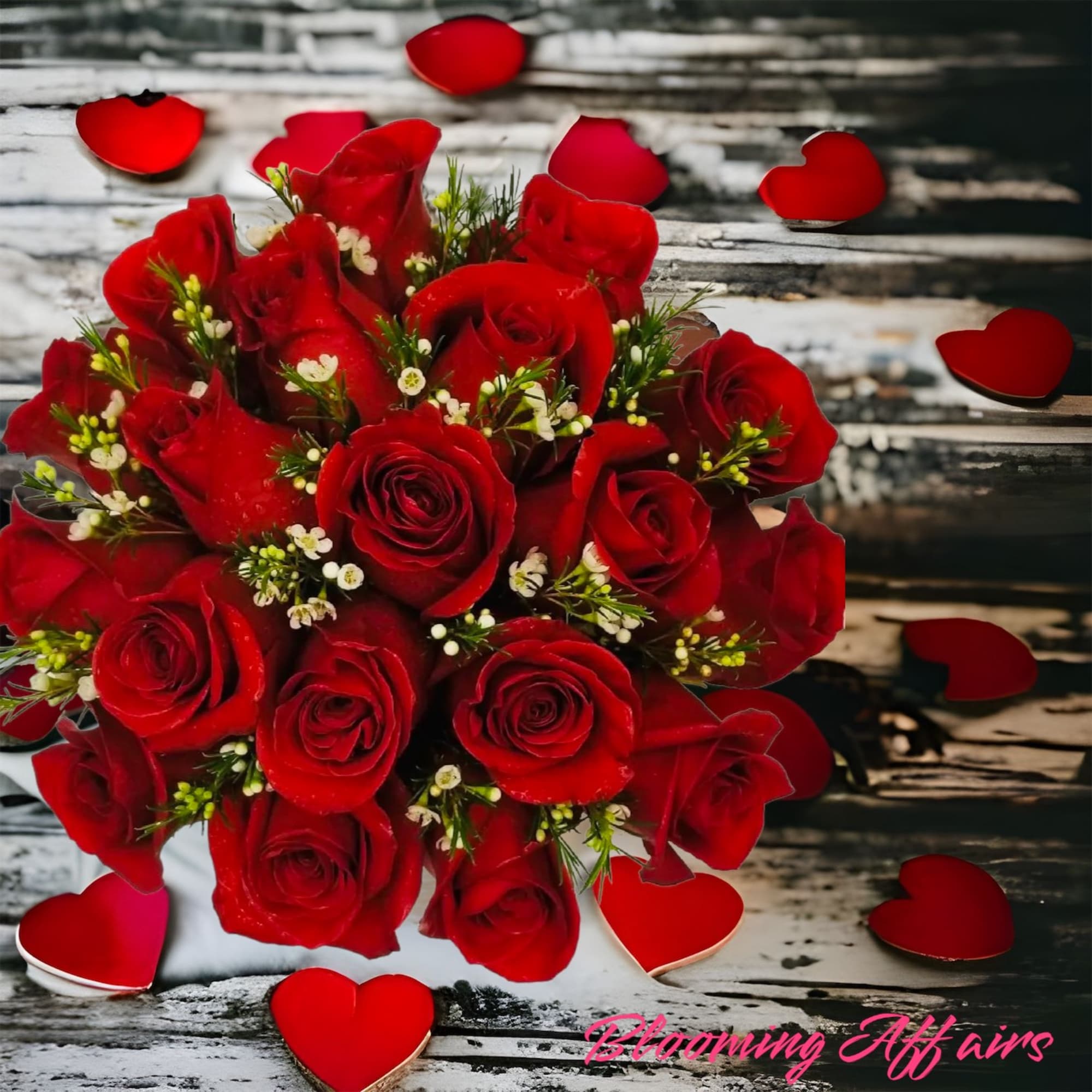 Bouquet of red roses with small white filler flowers and heart decorations