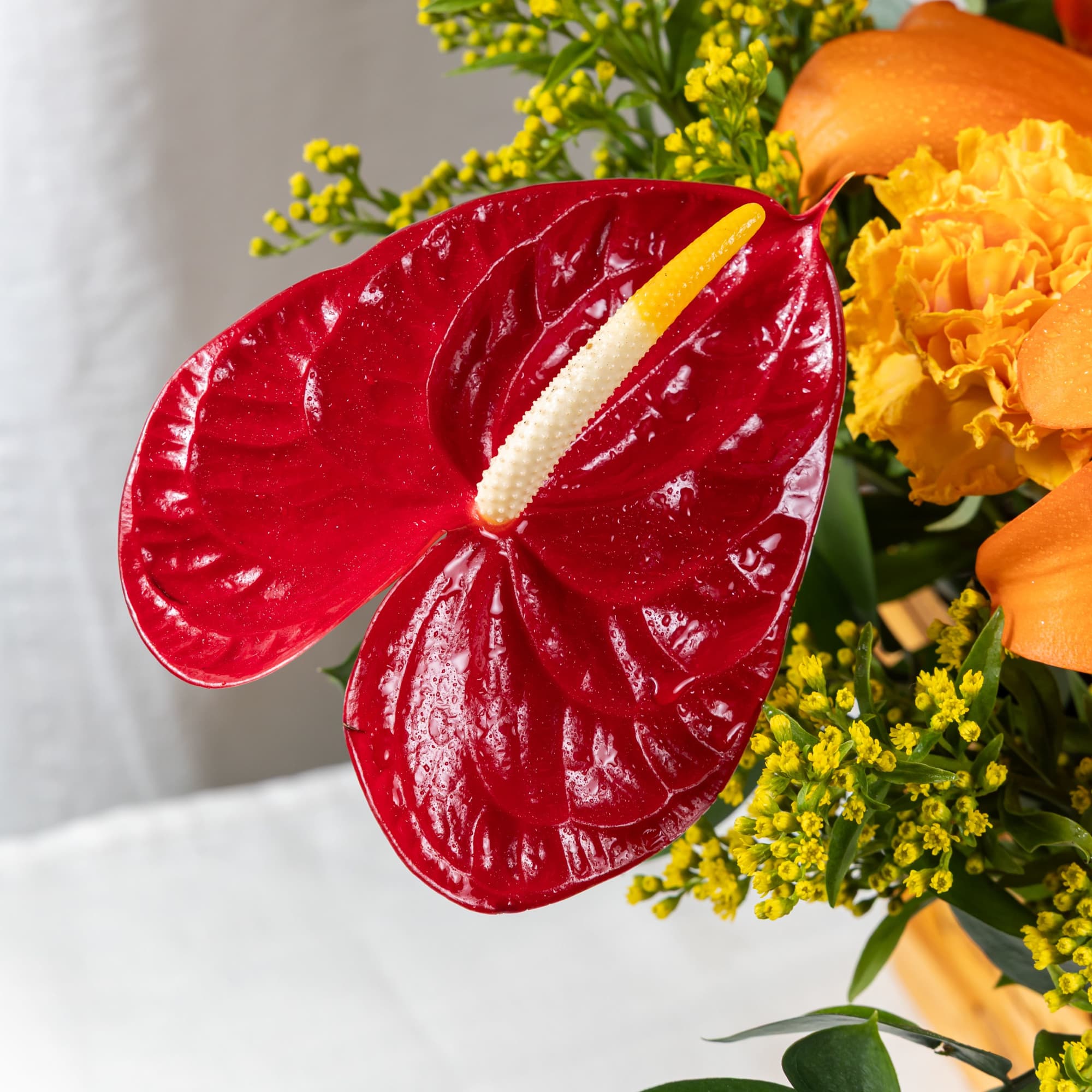 Close-up of a red tropical anthurium with orange lilies and yellow carnations in a bright arrangement