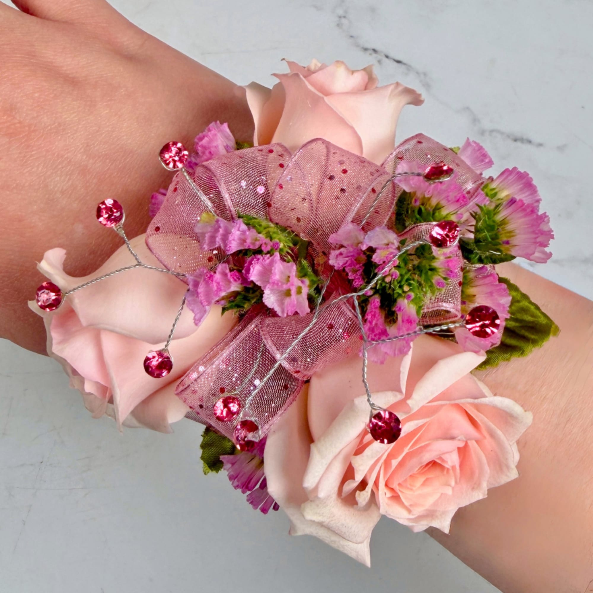 A cluster of petite blush pink spray roses accented with tiny pink, photo 4 of 4