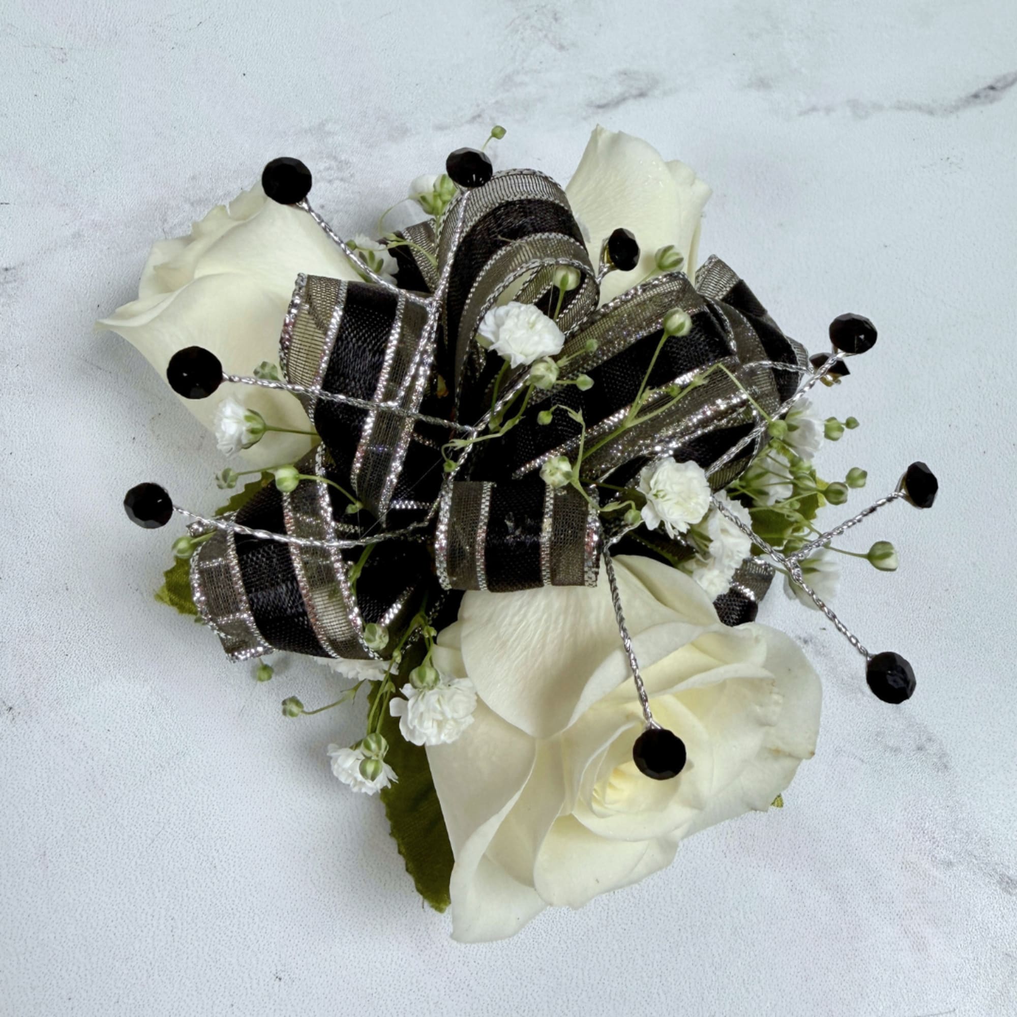 Petite cream-white spray roses contrasted with black and silver shimmering ribbon make, photo 2 of 3