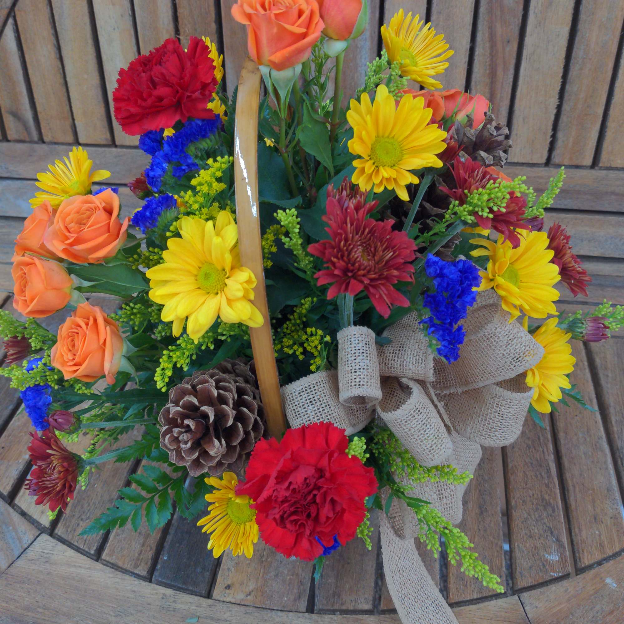 Mixed fall flowers in basket., photo 2 of 3