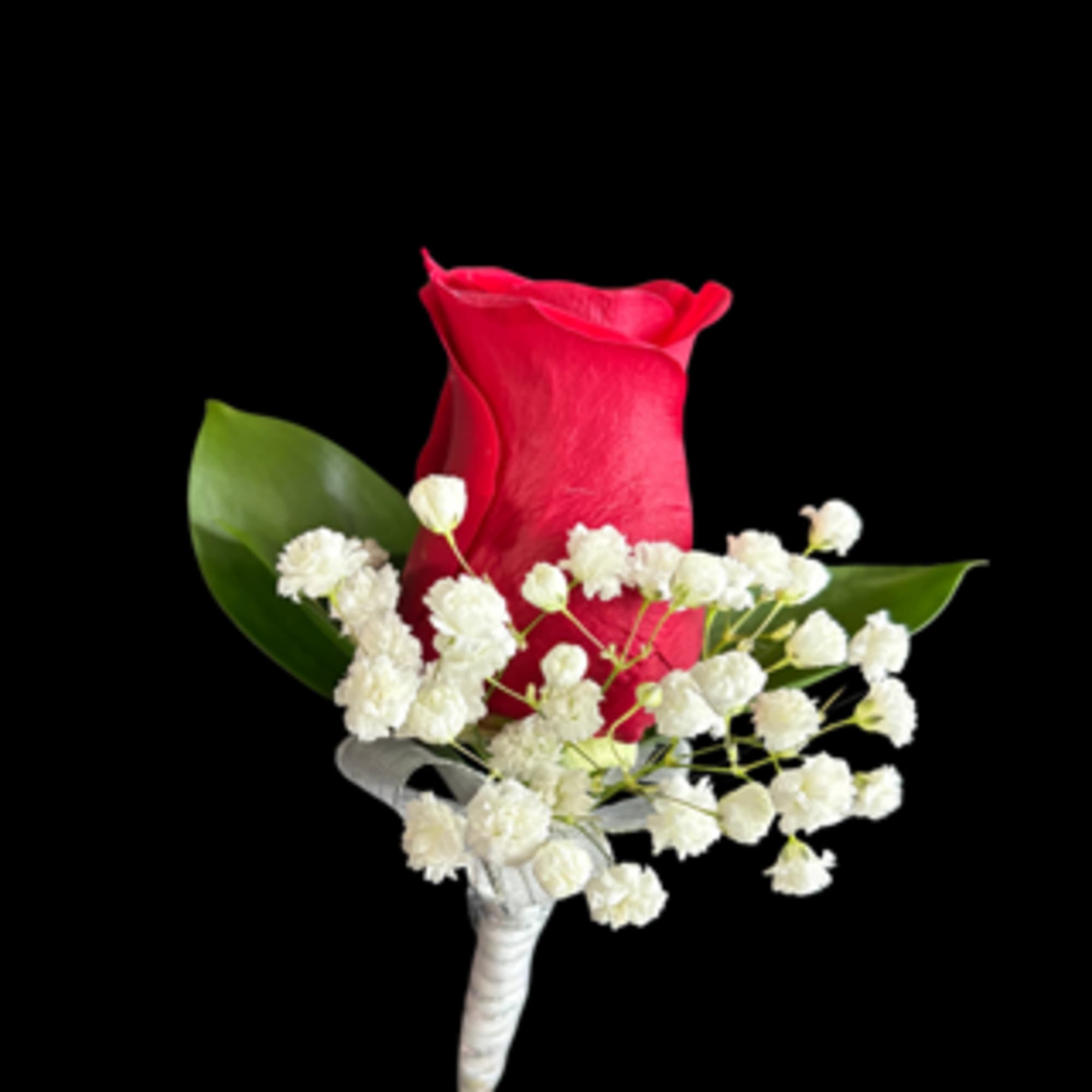 A single red rosebud takes center stage in this Red Boutonni&egrave;re (for