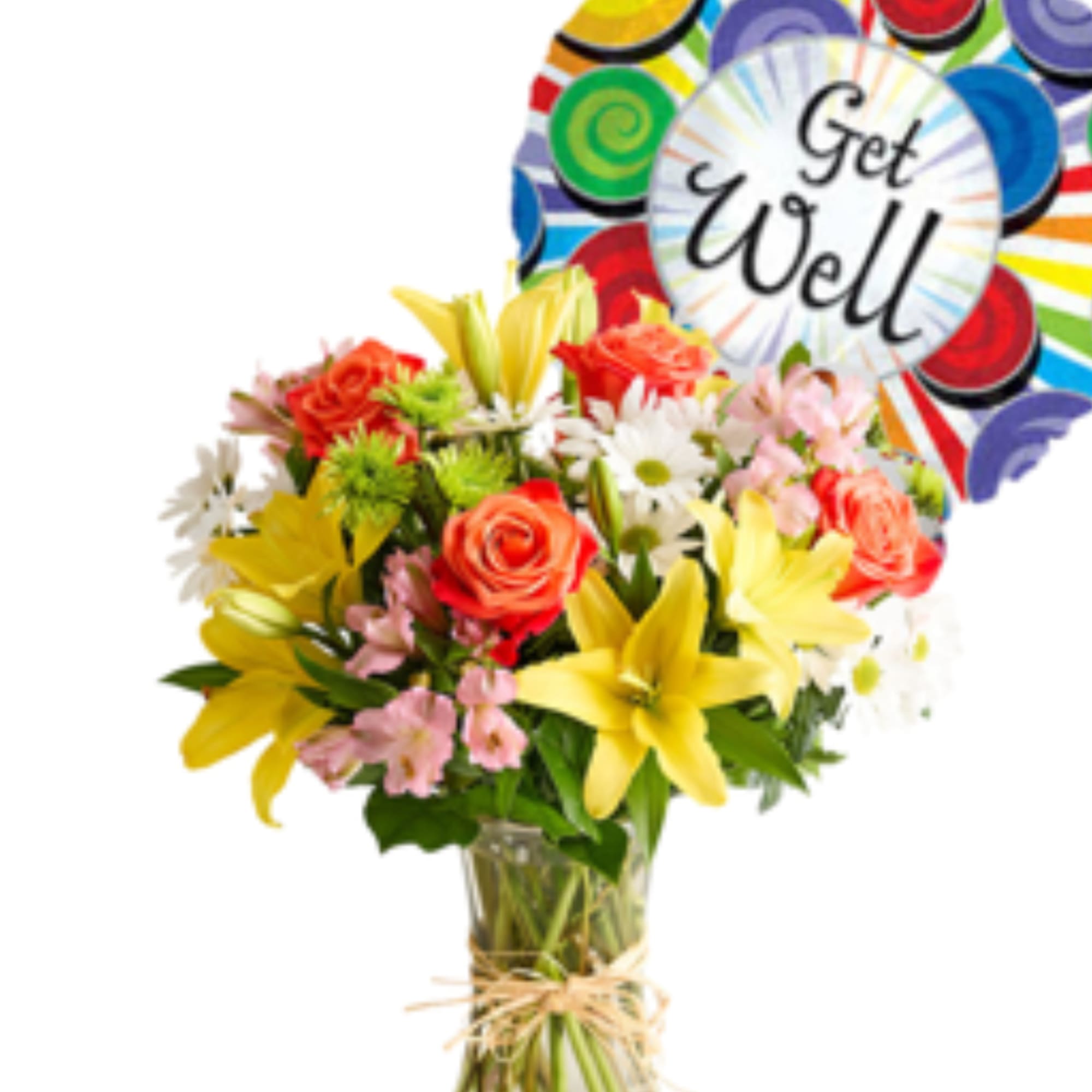 Mixed bouquet in a glass vase with a "Get Well" sign