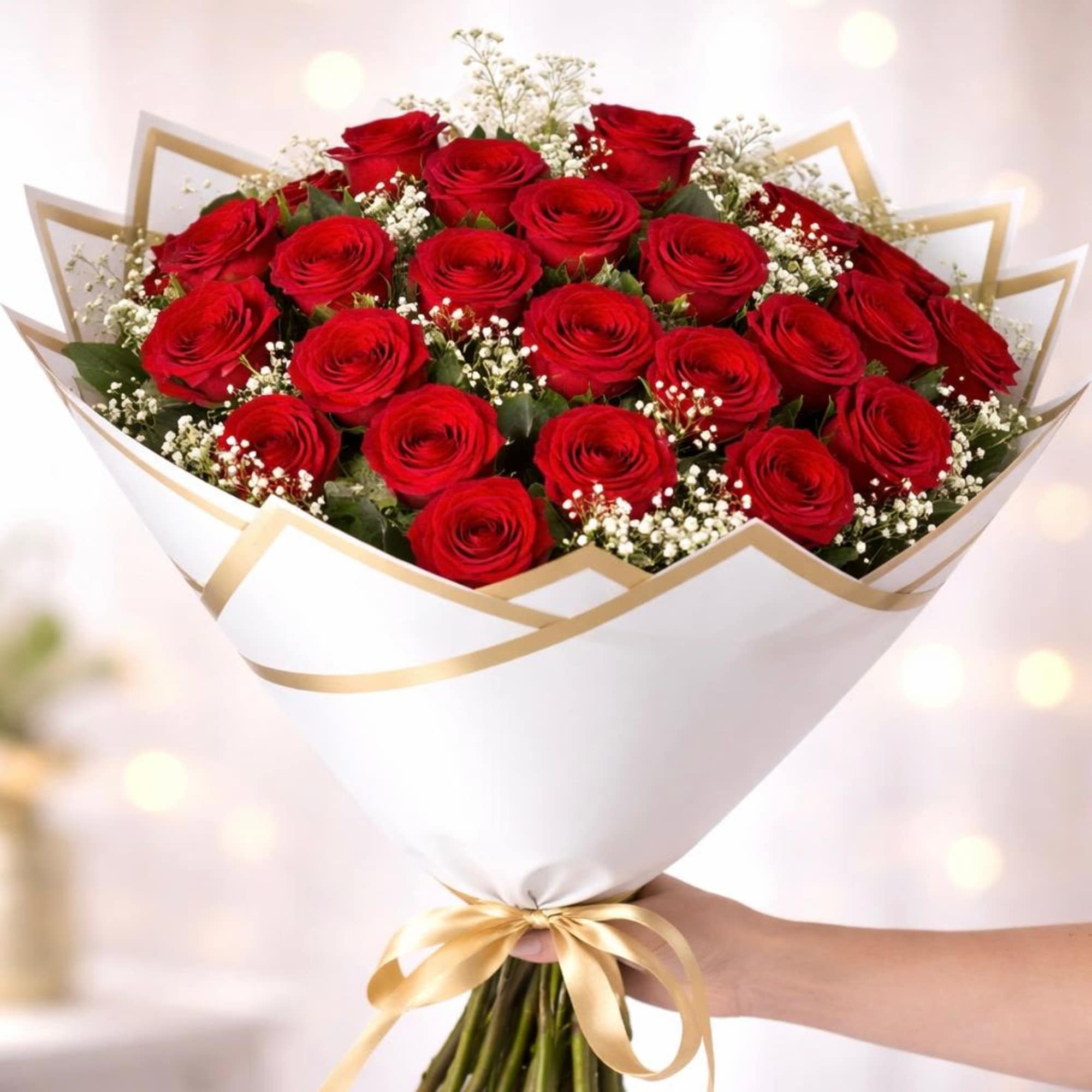 Bouquet of red roses wrapped in white paper with a gold ribbon