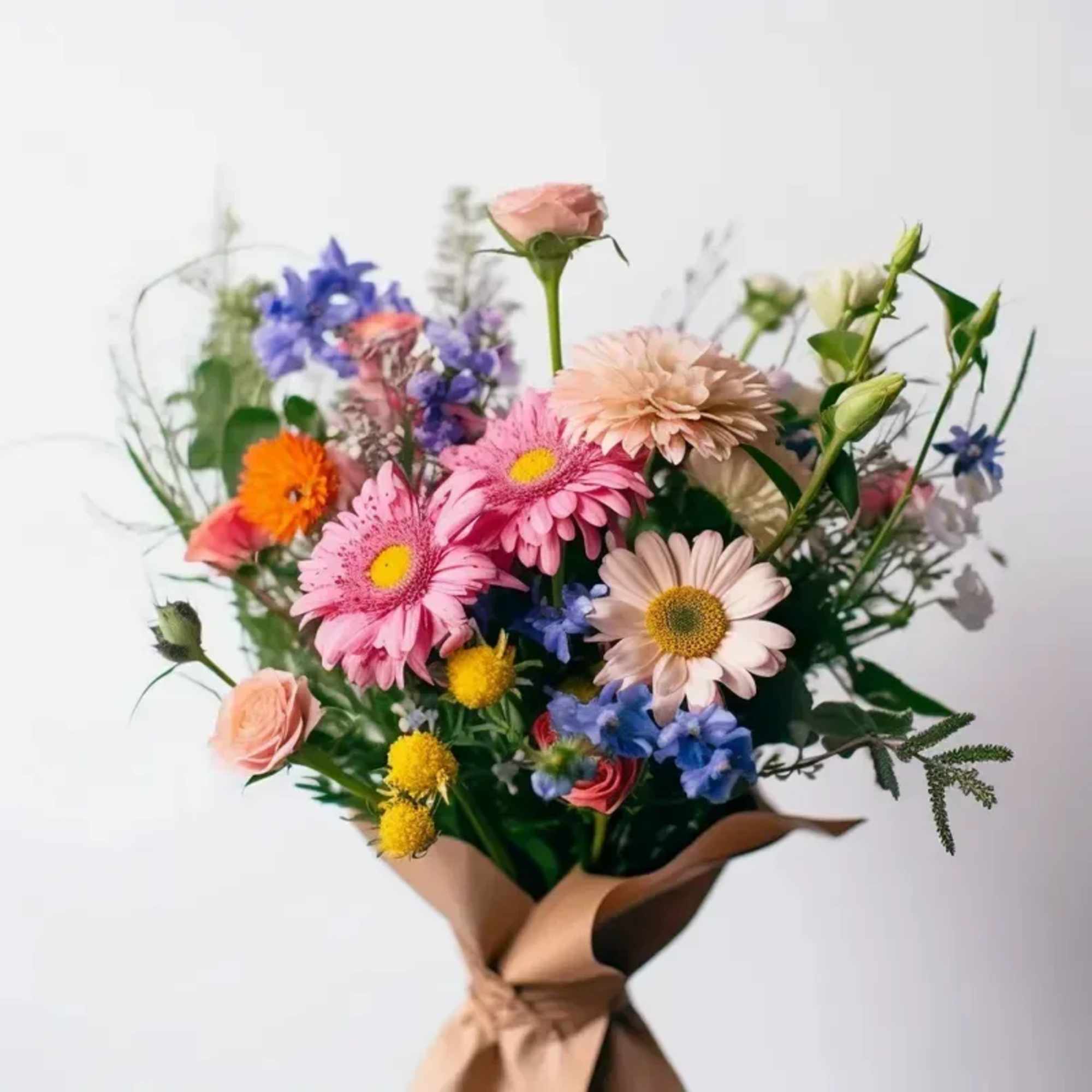 An arrangement of seasonal blooms wrapped in floral paper with ribbon. PLEASE