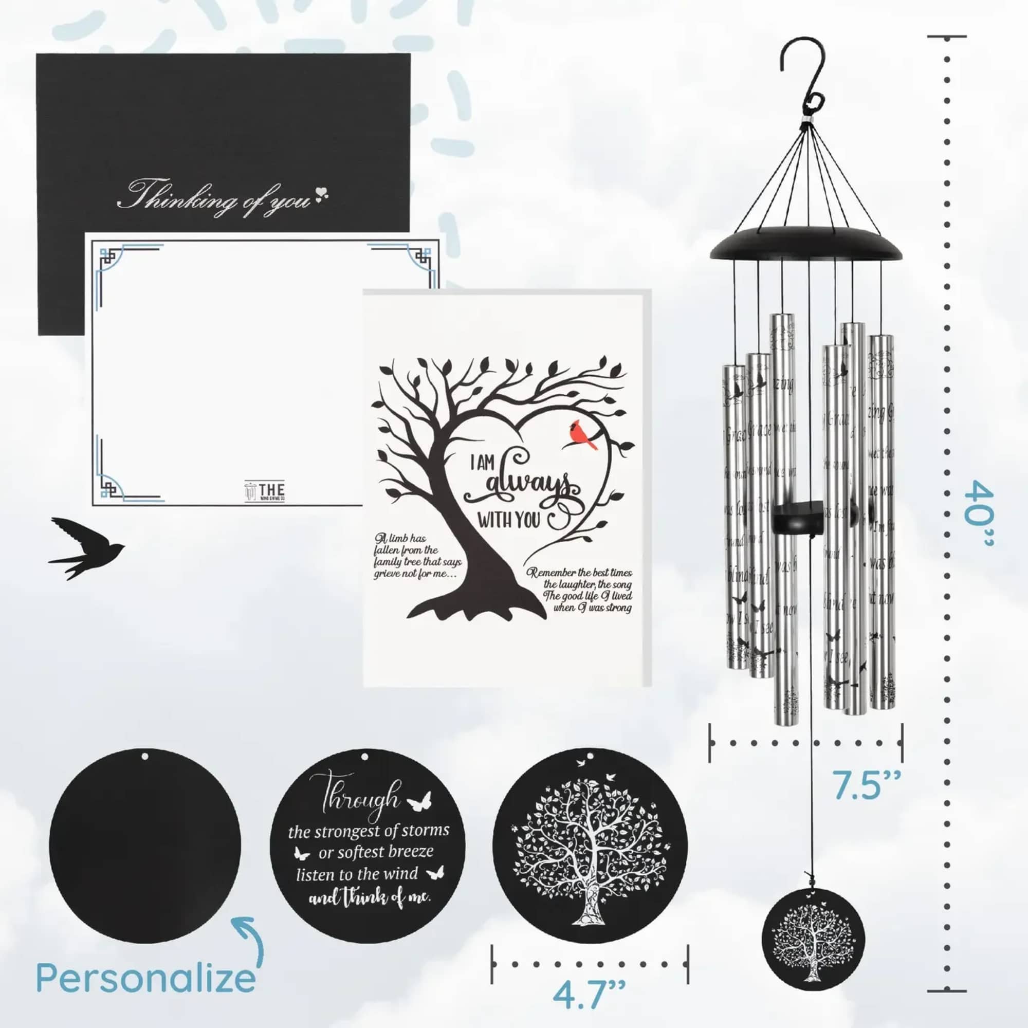 Black memorial wind chime with printed sympathy cards and tree designs