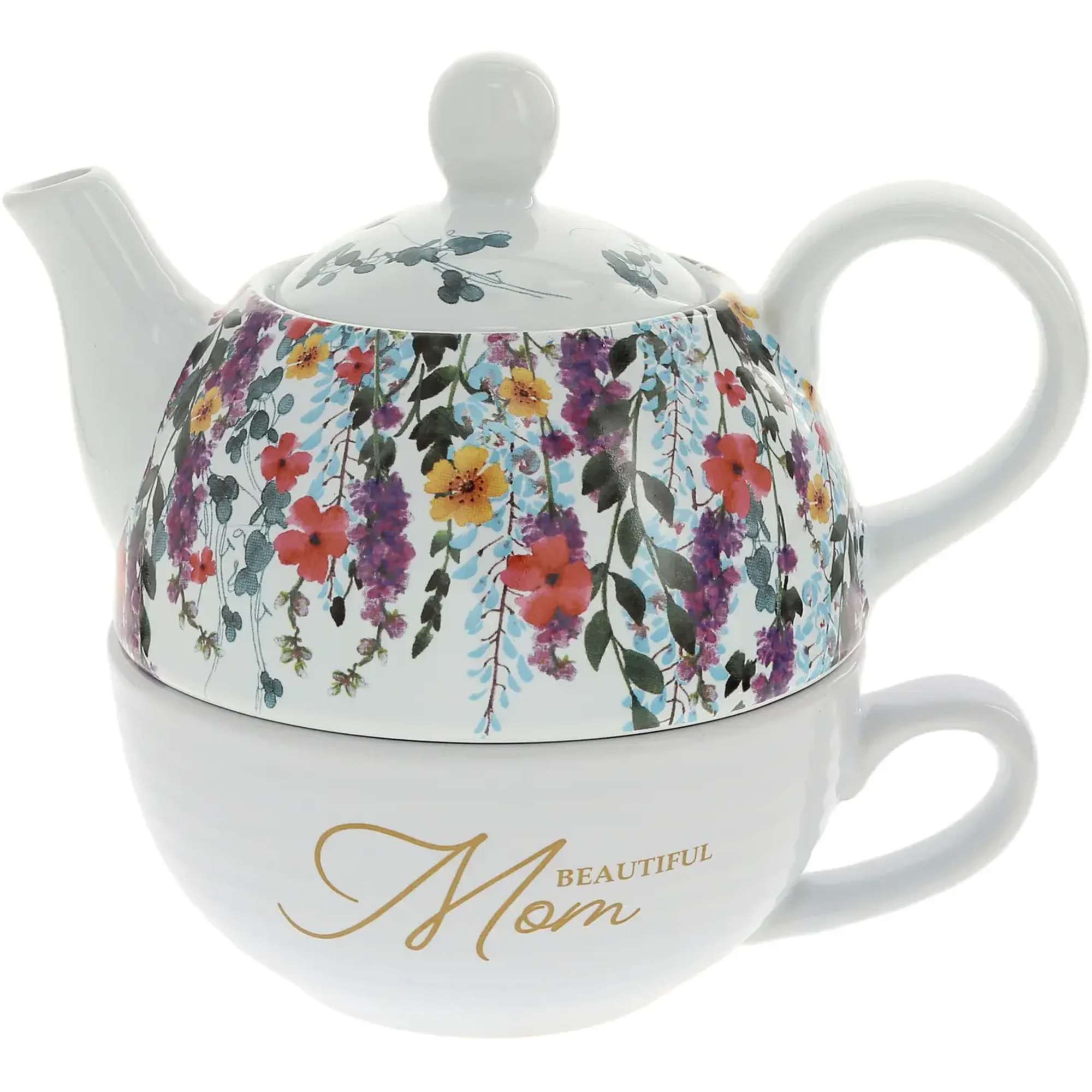 White teapot and teacup set with floral print and gold "Beautiful Mom" text