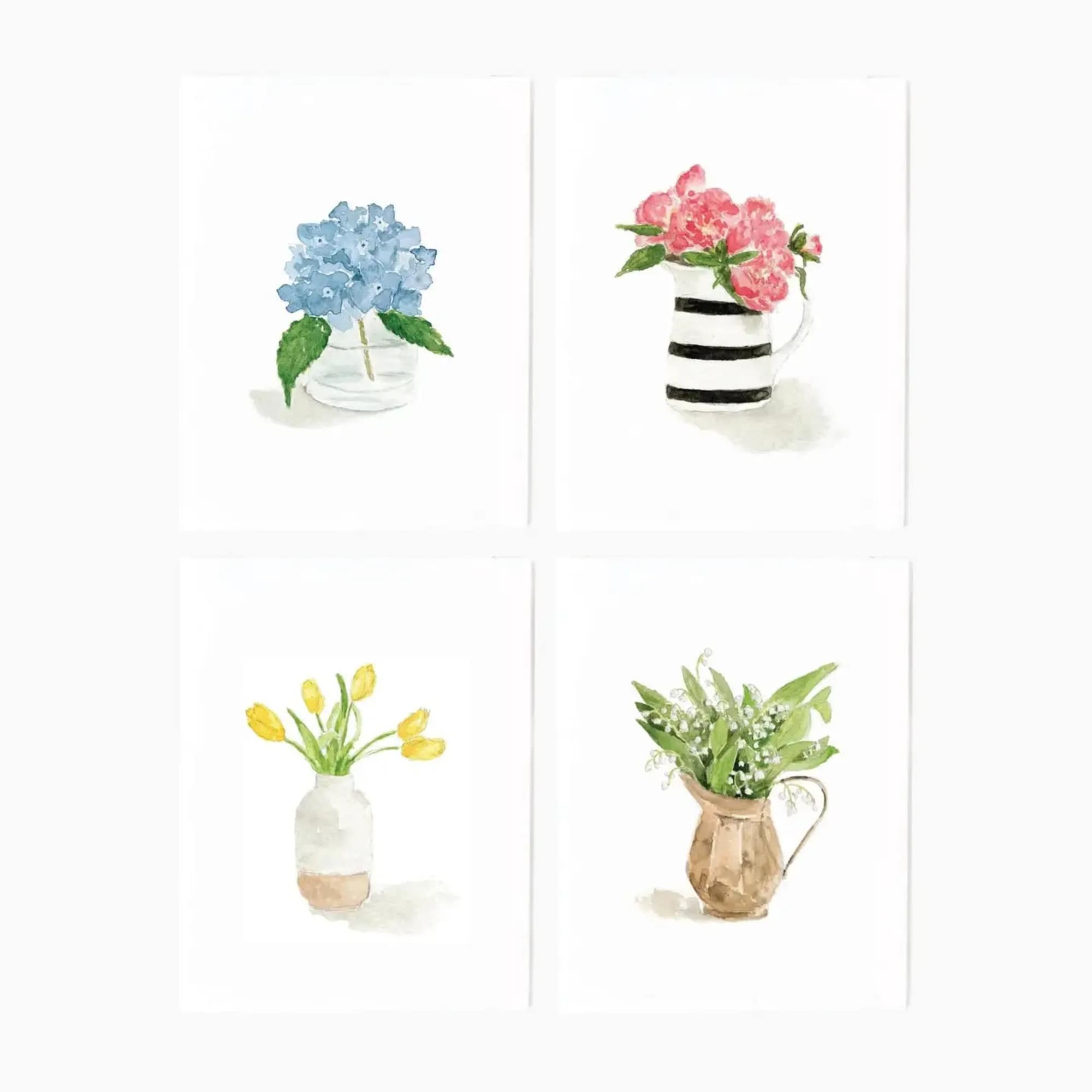 Four watercolor floral prints in vases with blue, pink, yellow, and white flowers.