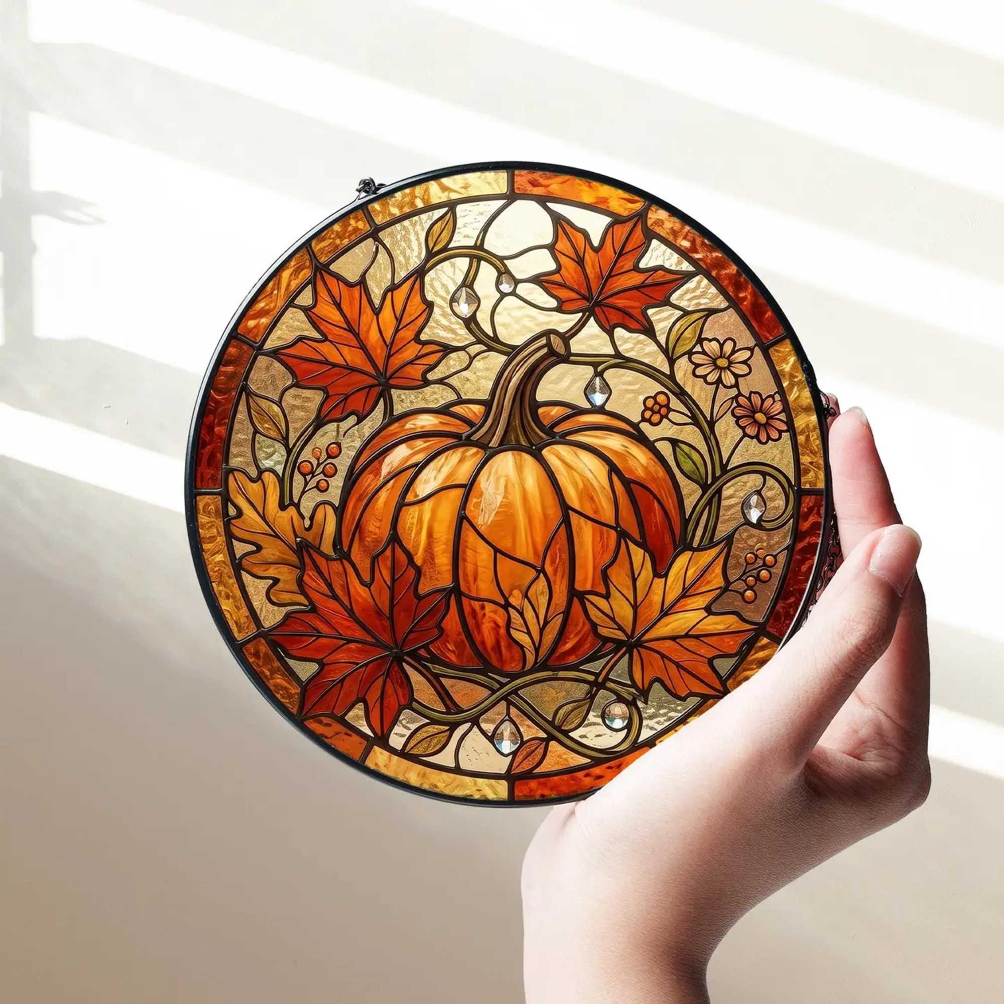 Round stained-glass pumpkin panel with autumn leaves and flowers