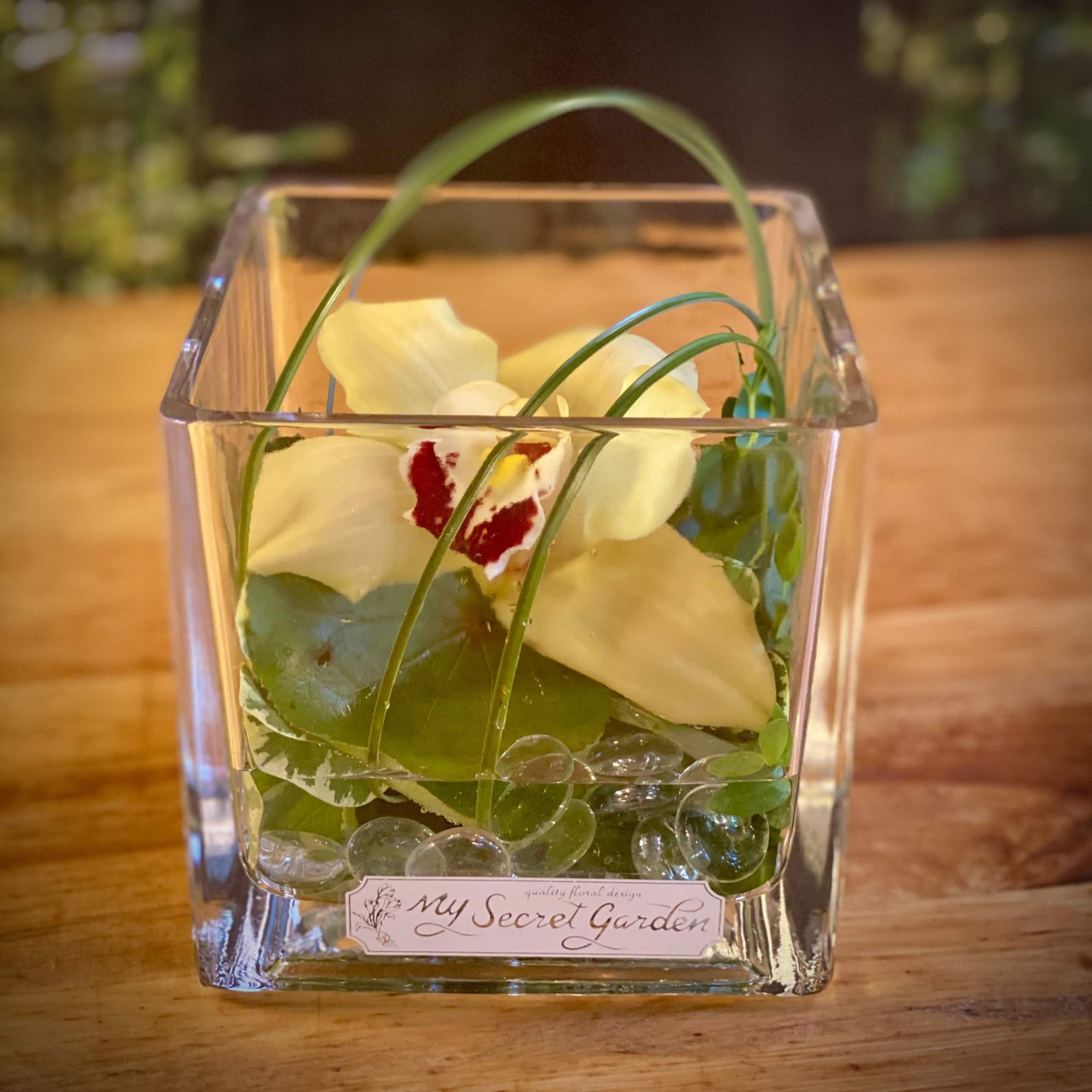 Small and stunning, the Orchid Atmosphere features a cymbidium orchid bloom nestled