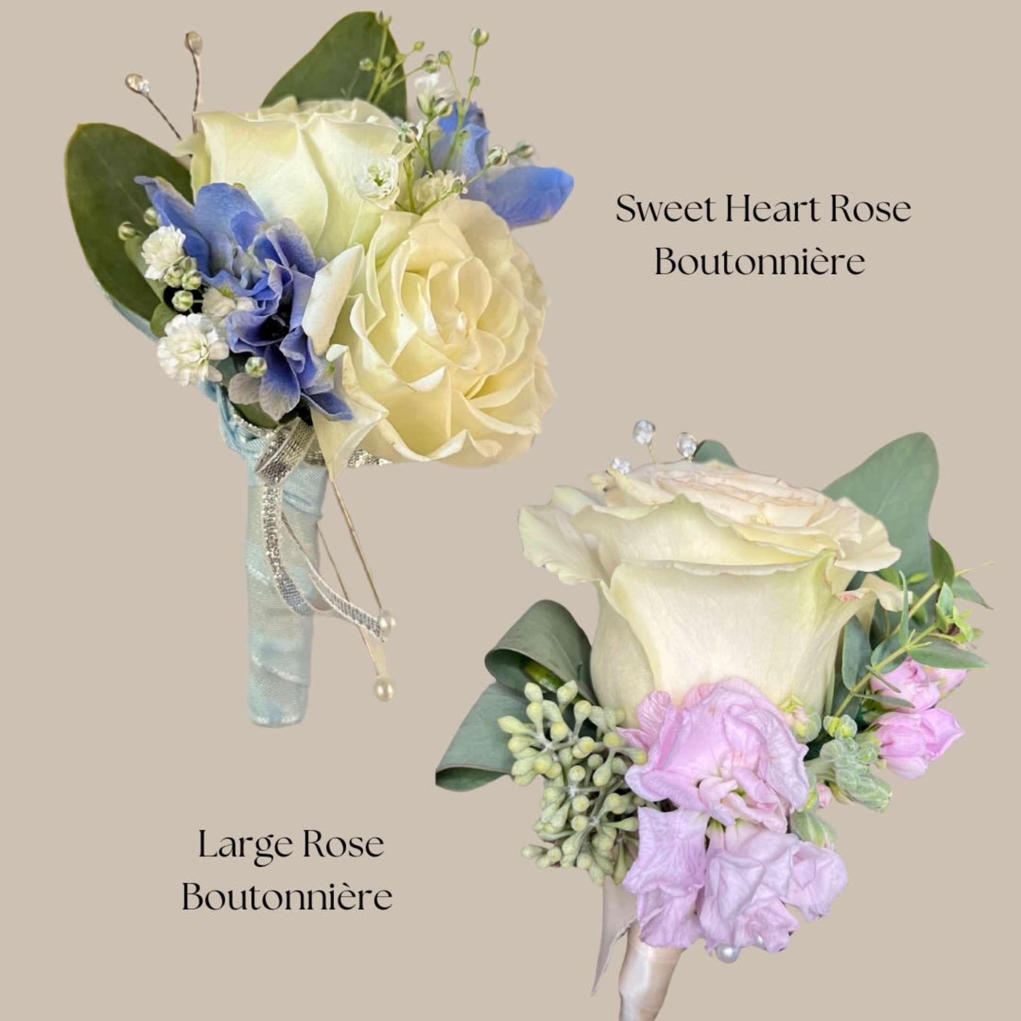 Two rose boutonnieres with blue and lavender accents