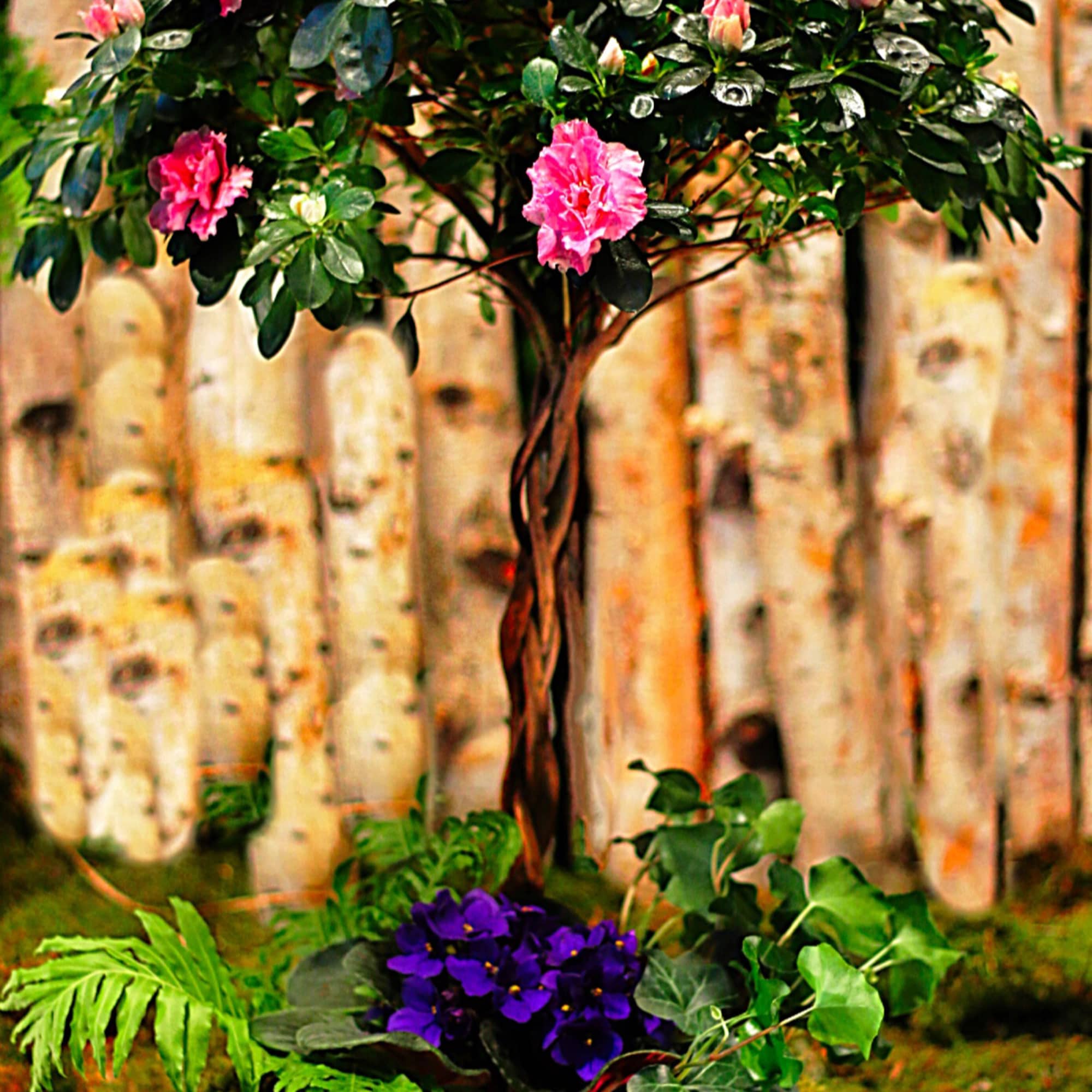Pink flowering tree in a planter with purple flowers at the base