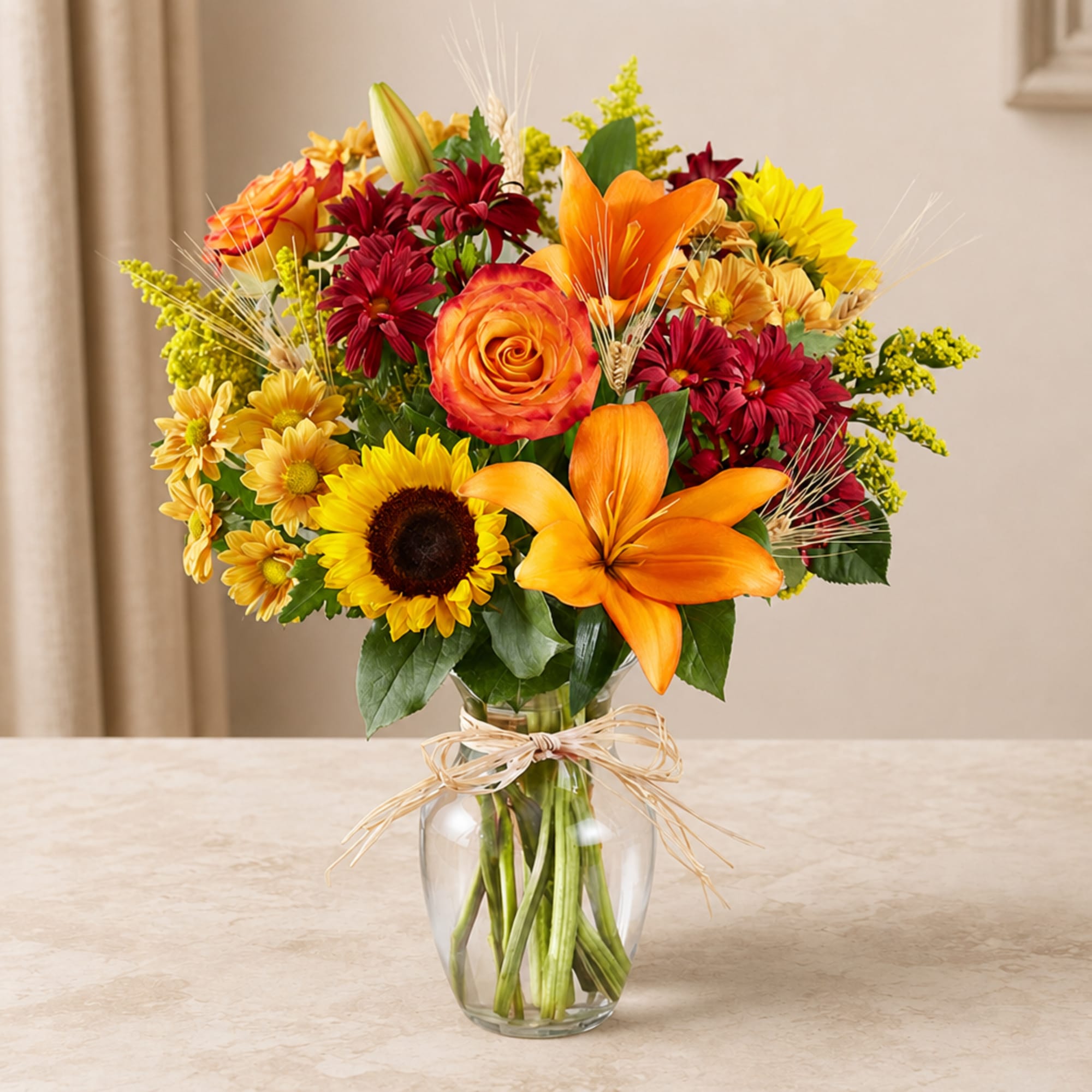 Bright mixed bouquet of orange, yellow, and red flowers in a clear glass vase