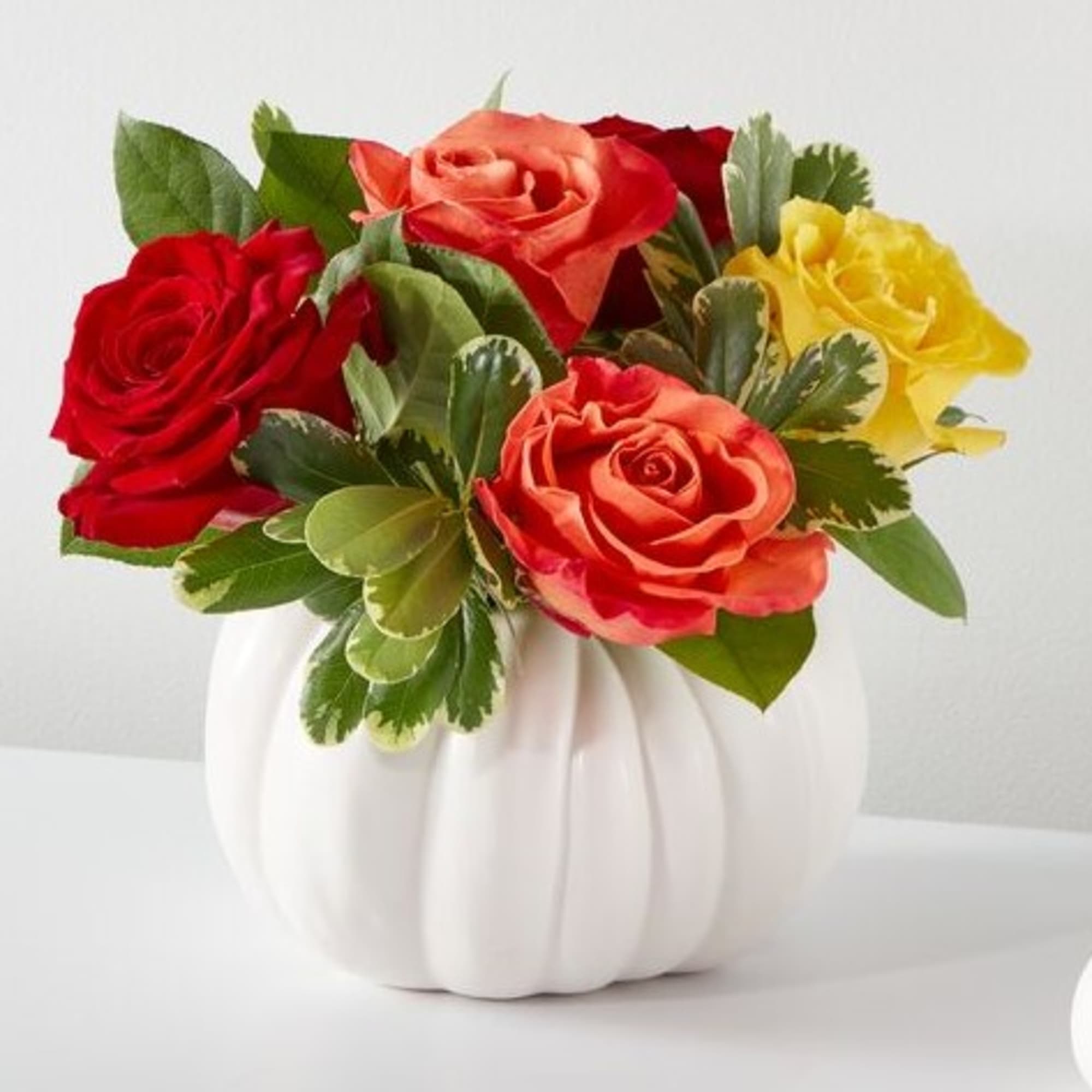 Mixed roses in a white pumpkin-shaped vase