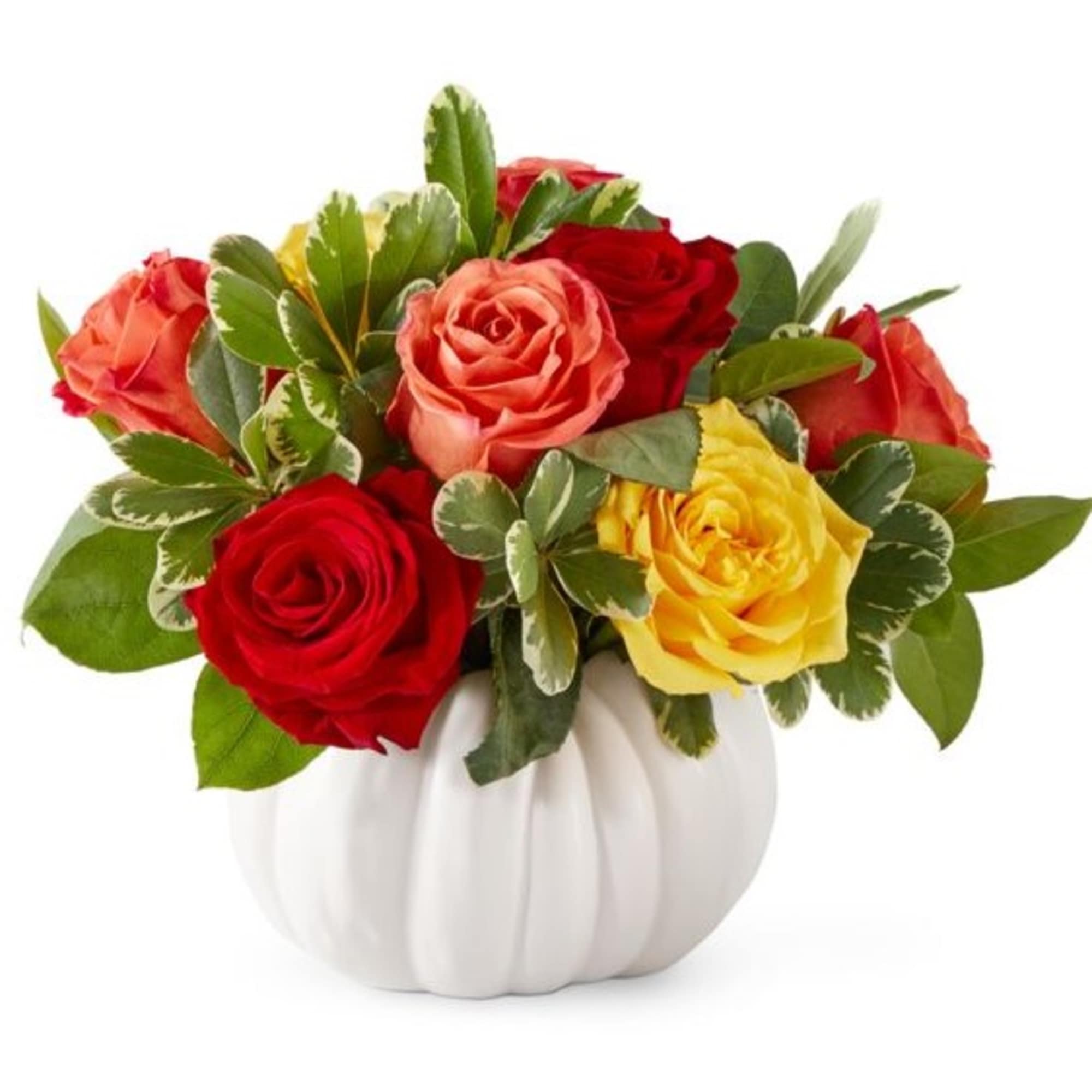 Mixed roses in a white pumpkin-shaped vase
