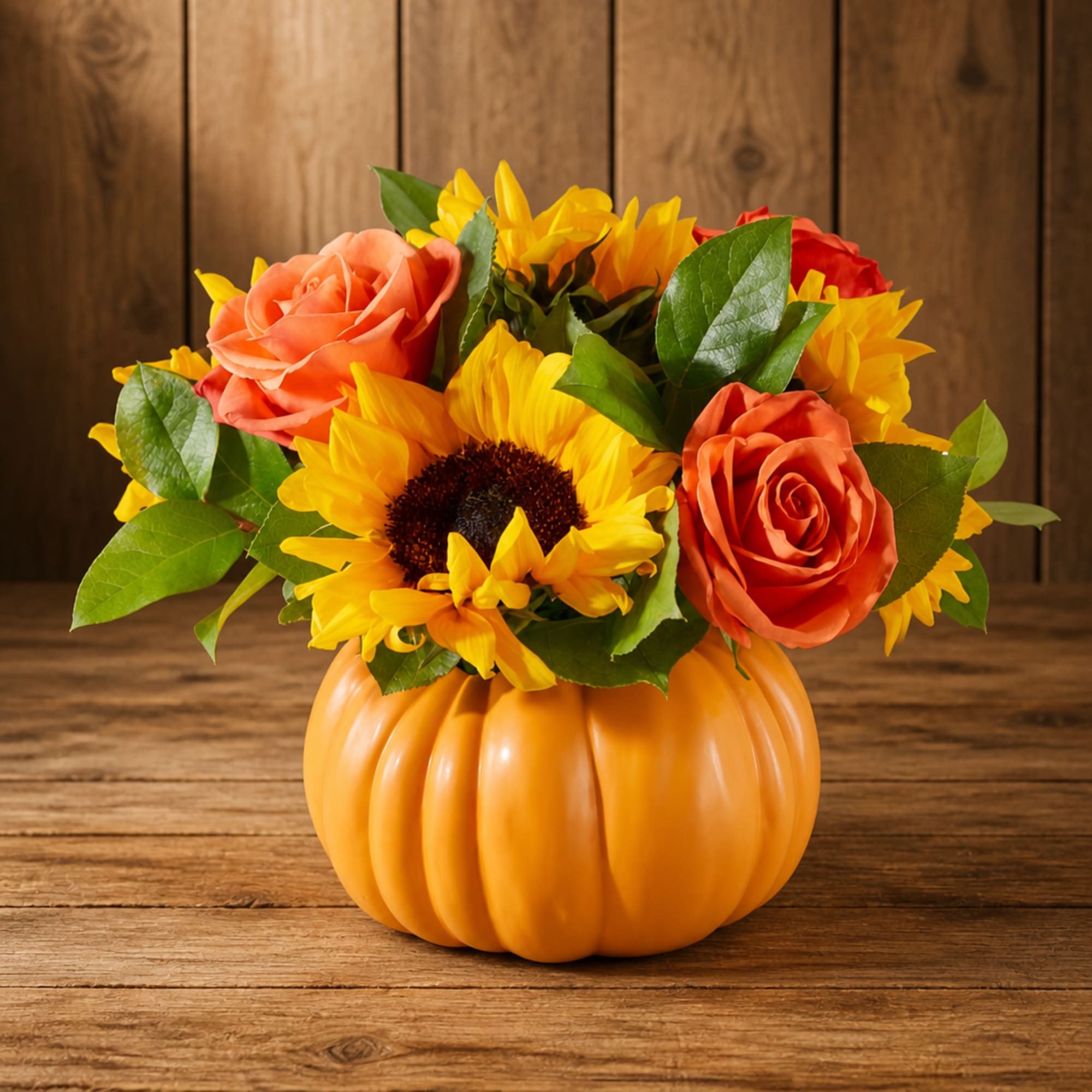 Sunflower and rose arrangement in an orange pumpkin container
