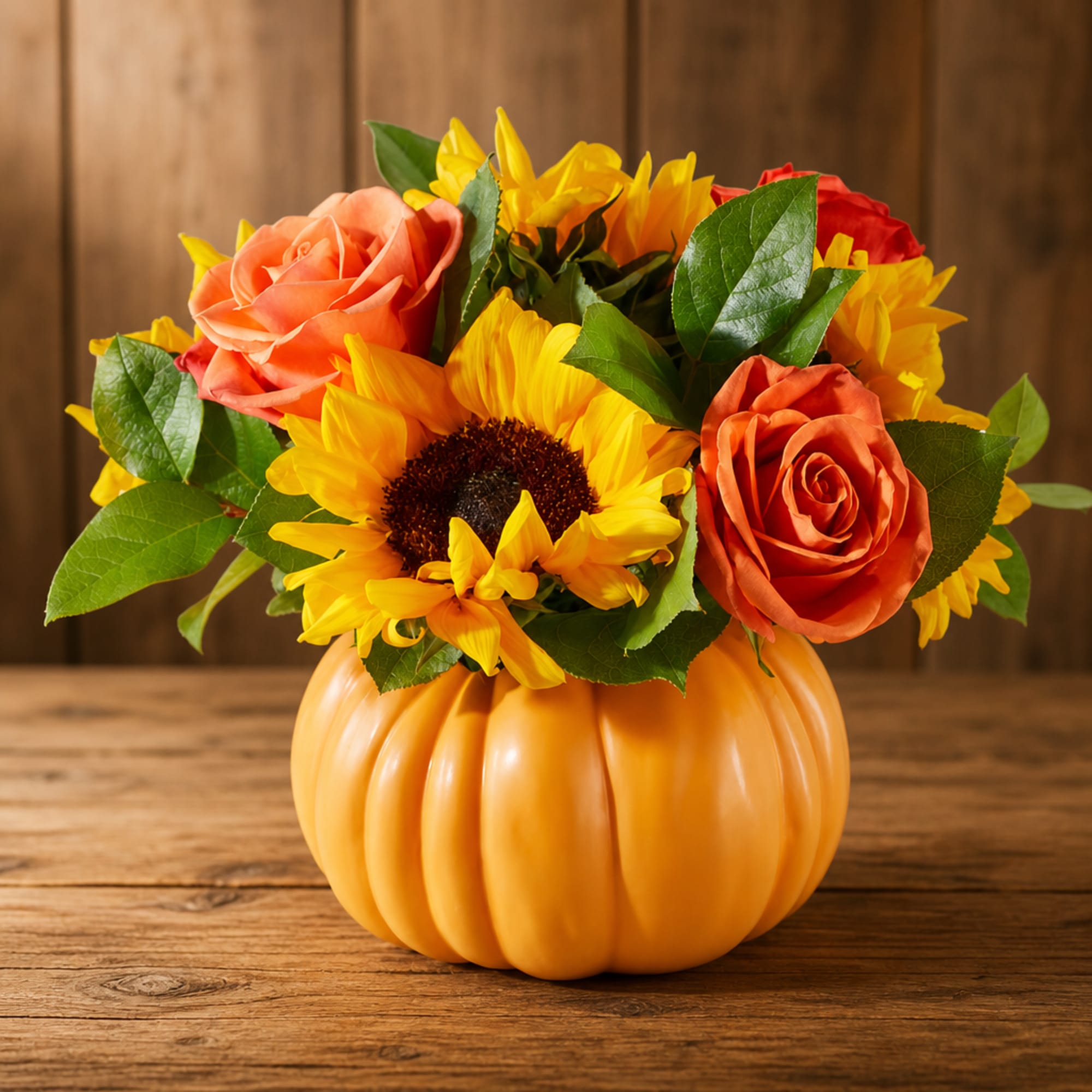 Sunflower and rose arrangement in a pumpkin-shaped container