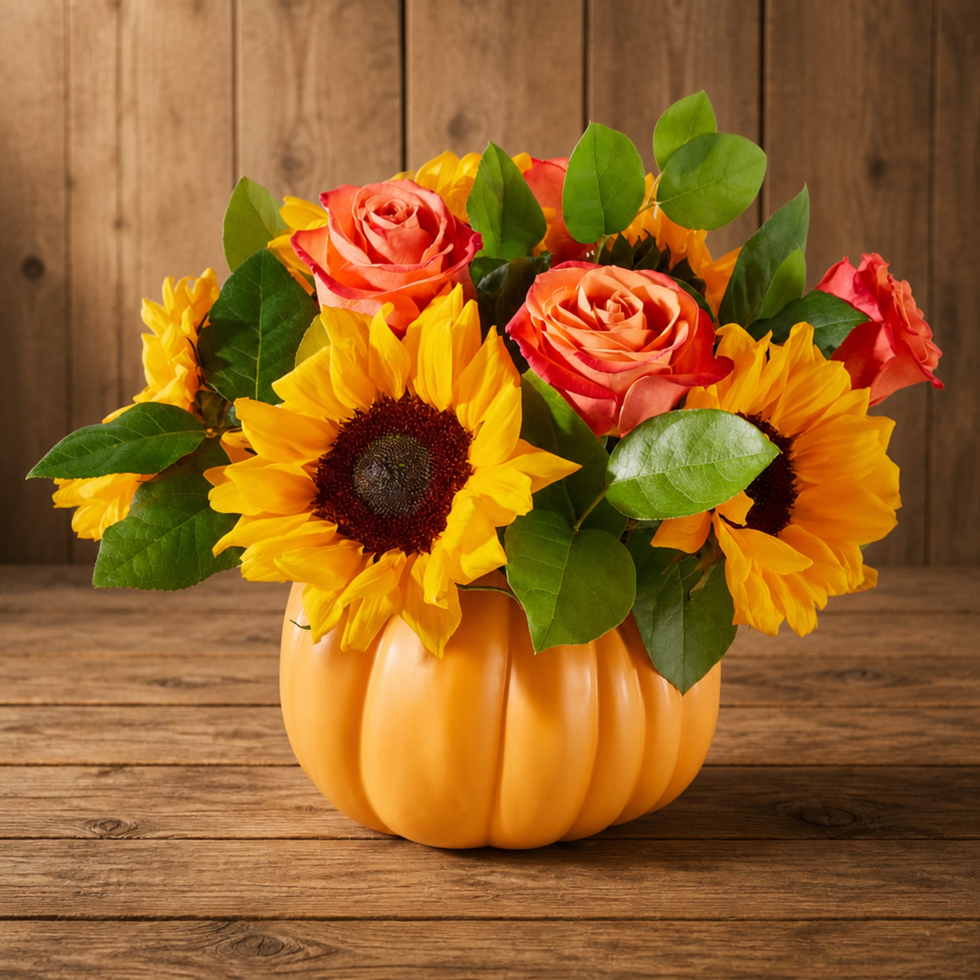 Sunflowers and orange roses arranged in a pumpkin-shaped container