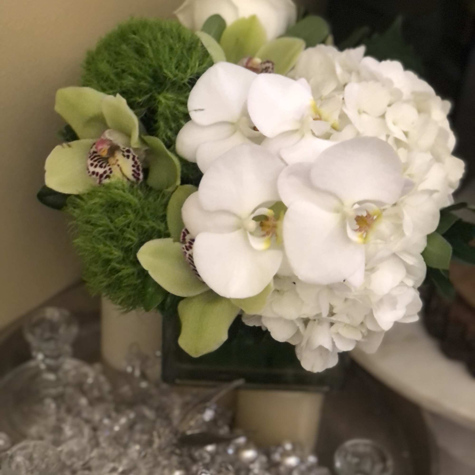 White orchids and hydrangea arranged with green accents in a vase