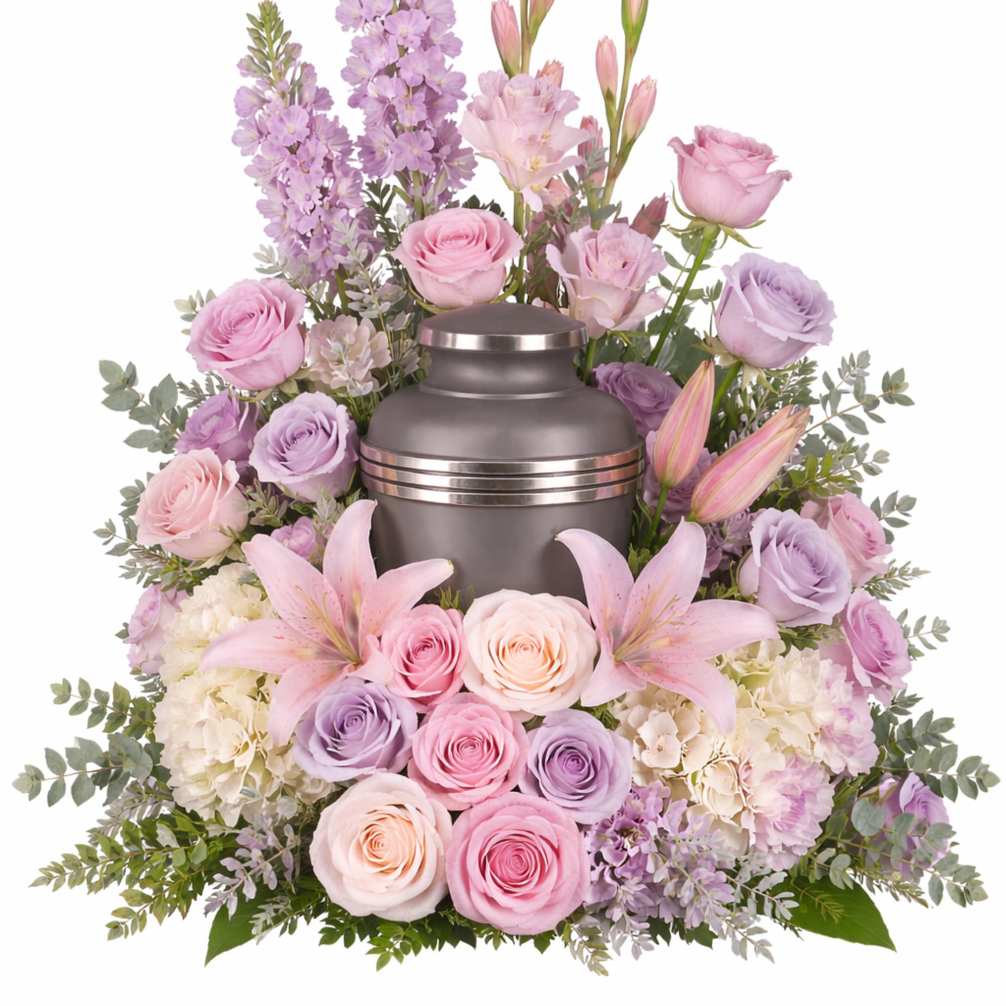 Pastel pink and lavender floral urn arrangement with a metal urn