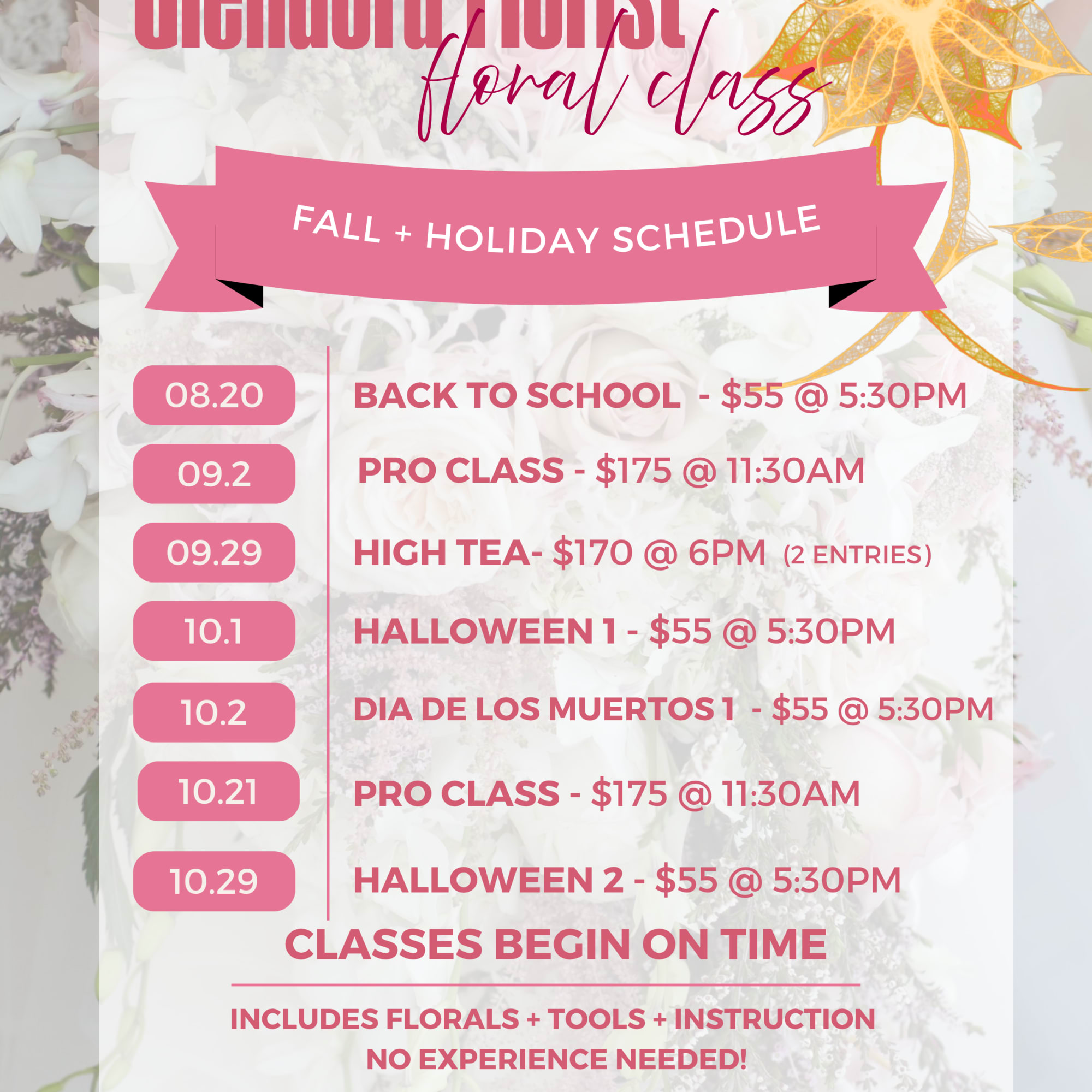 Floral class schedule poster with pink text over a white flower background