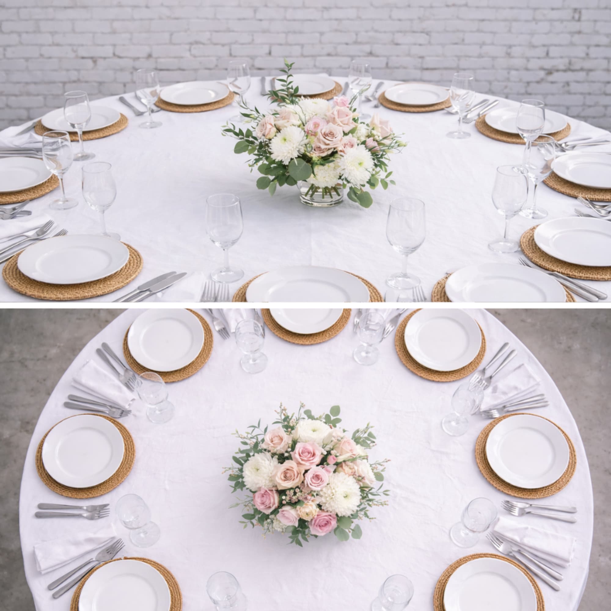 Round table centerpiece with pale pink and white flowers in a glass vase