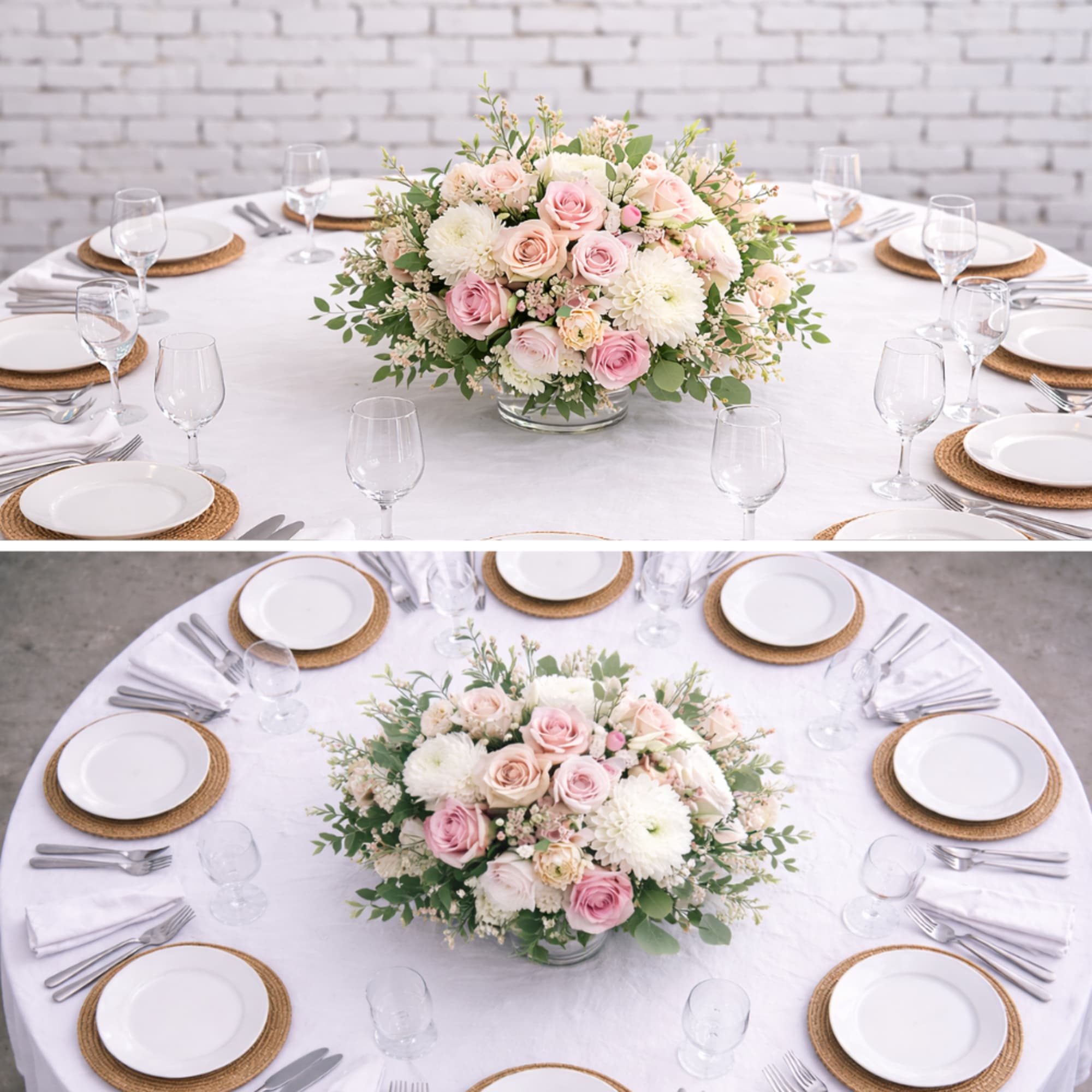 Pink and white floral centerpiece in a clear glass bowl on a set table