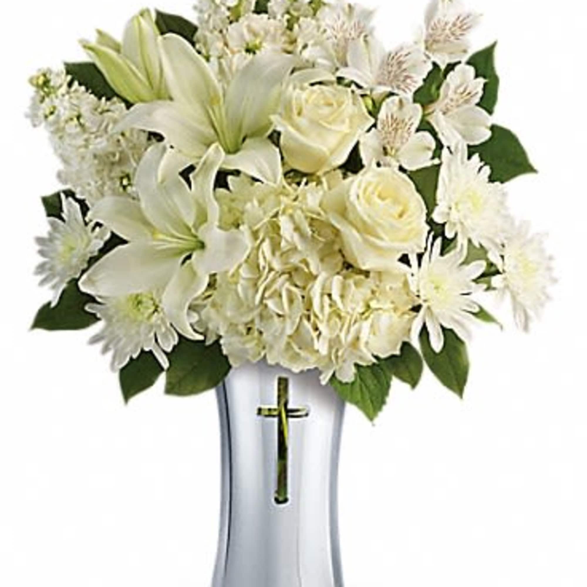 White hydrangea, white asiatic lilies, white alstroemeria, white stock, and white cushion