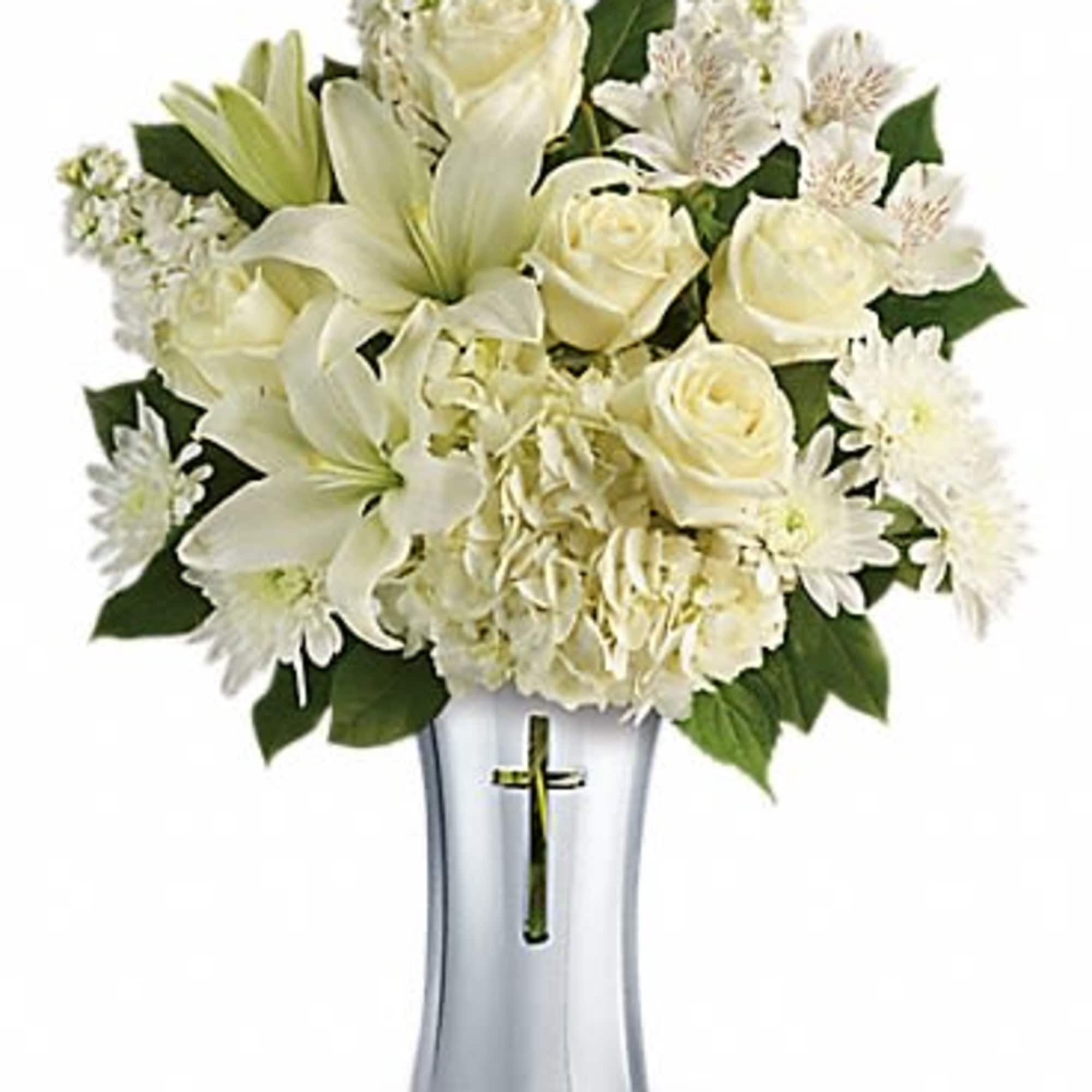White hydrangea, white asiatic lilies, white alstroemeria, white stock, and white cushion