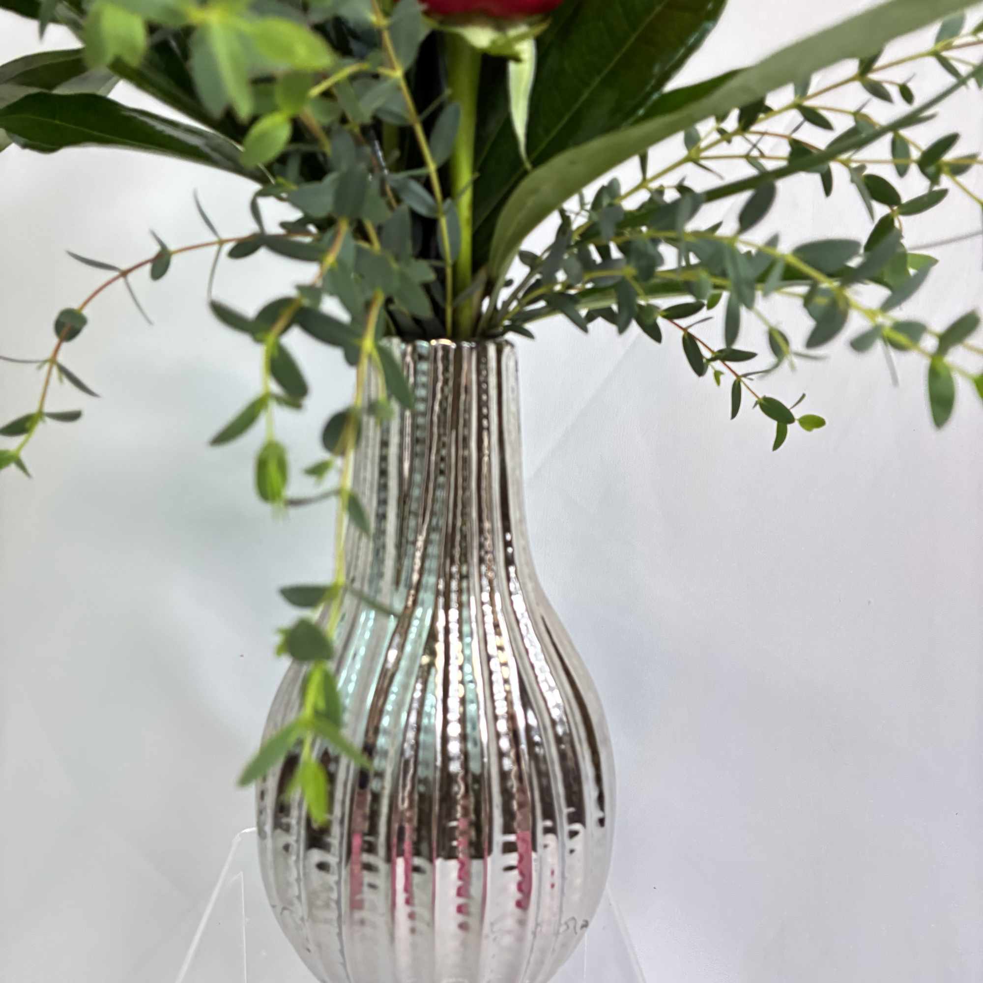 Single red rose in a ribbed silver vase with greenery