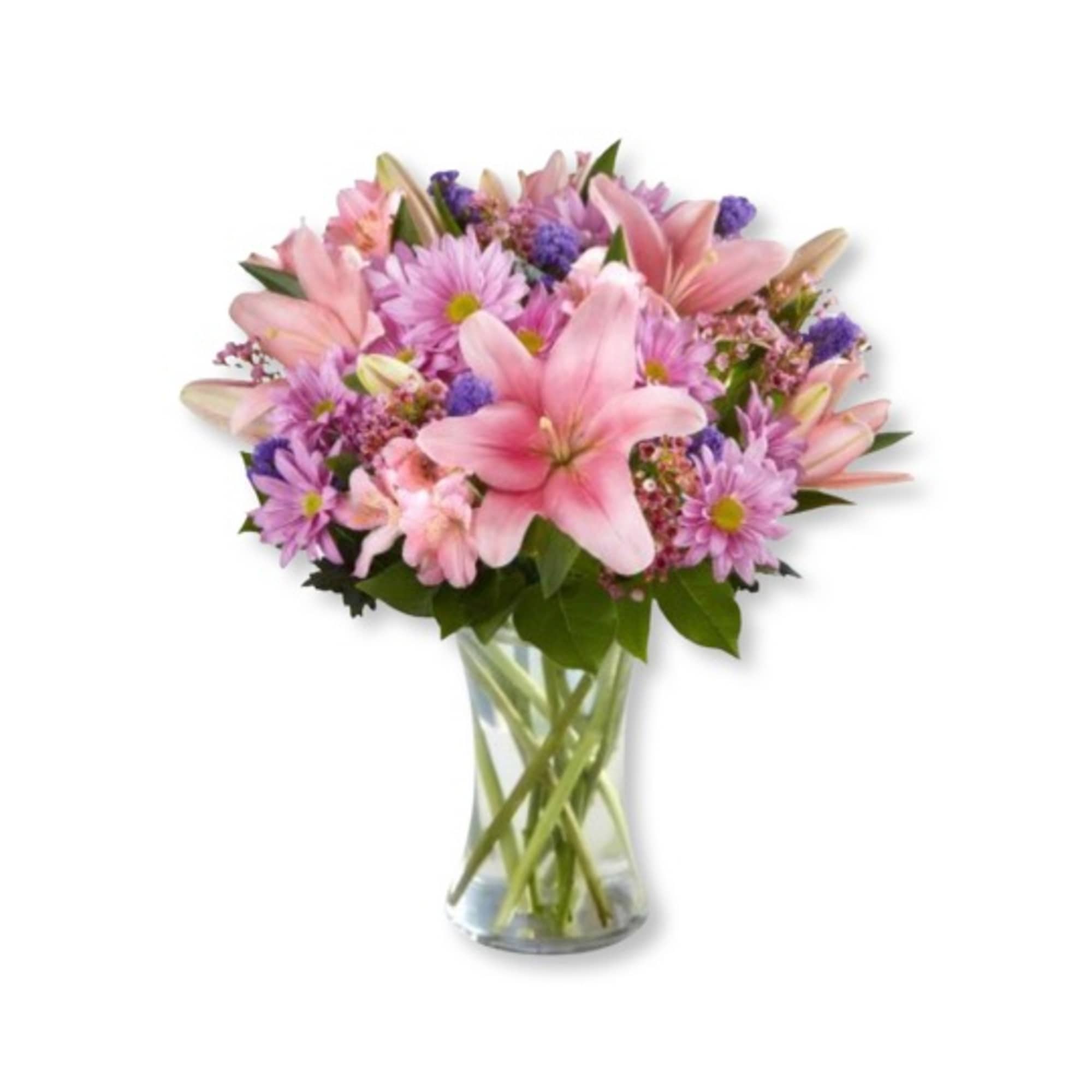 Pink lilies and purple daisies in a clear glass vase
