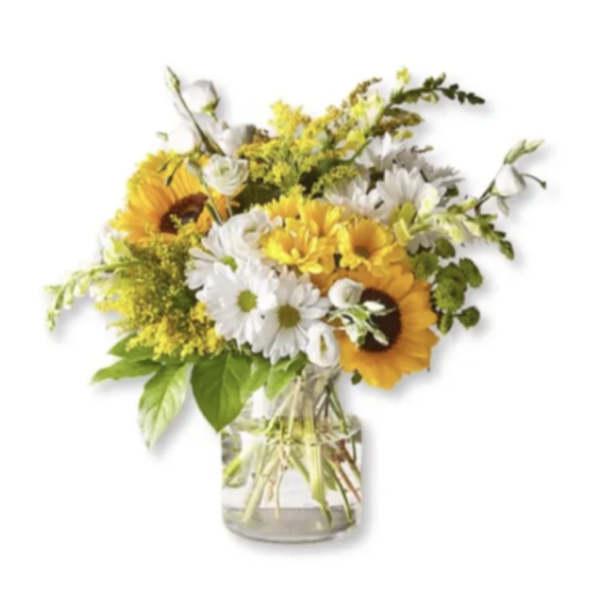 Bouquet of yellow sunflowers and white daisies in a clear glass vase