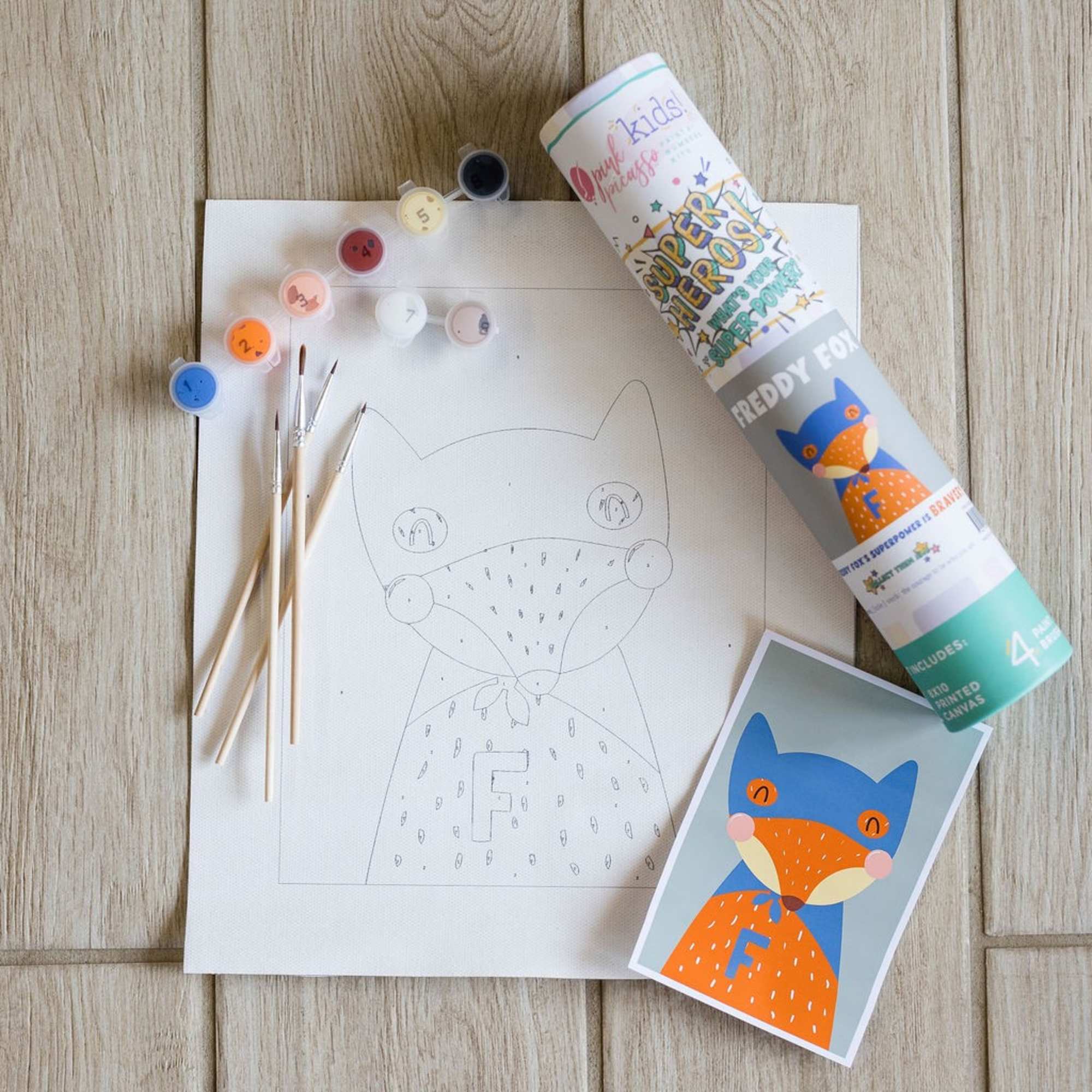 Kids paint-by-number fox canvas with brushes and paint pots
