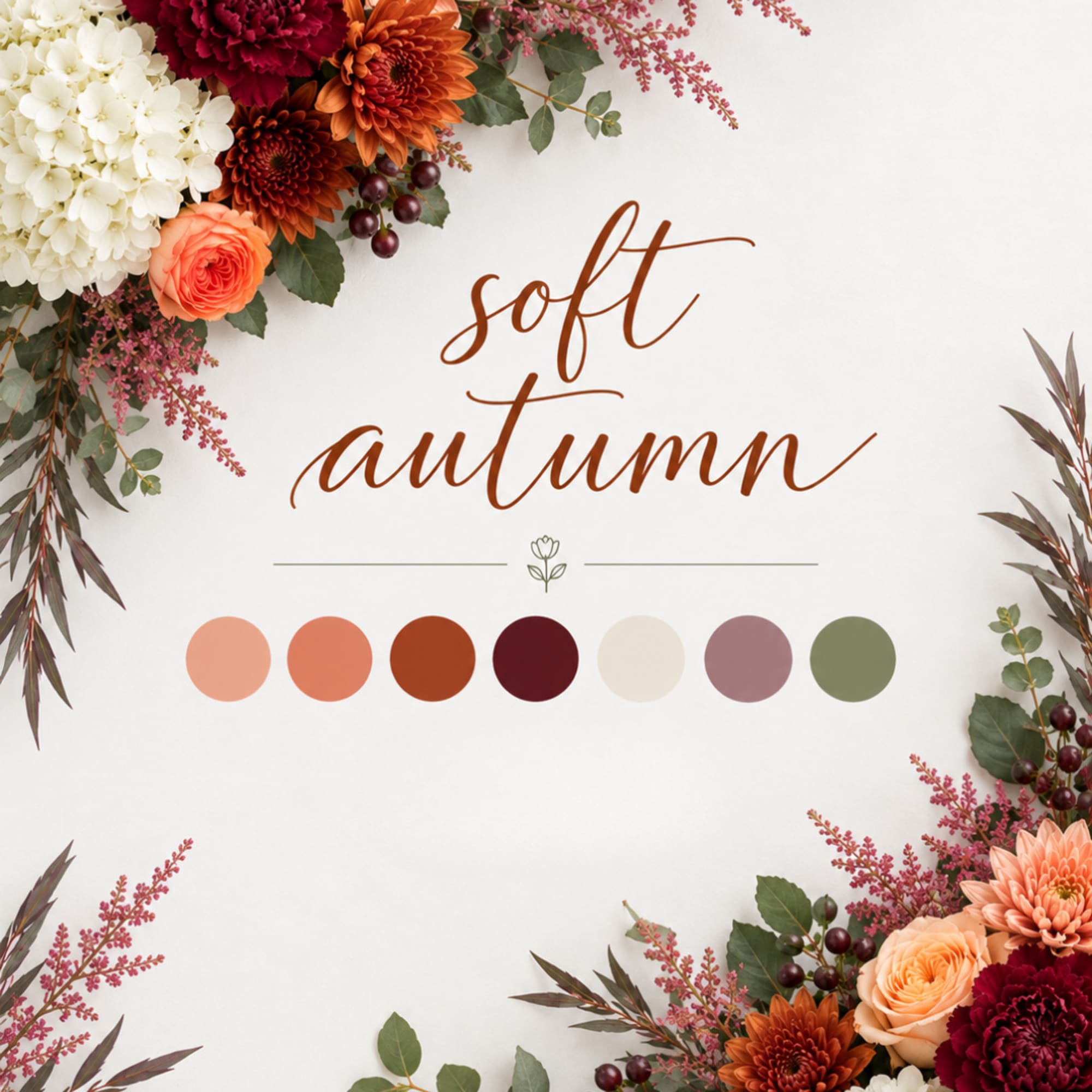 Autumn floral border with mixed blooms and the words soft autumn