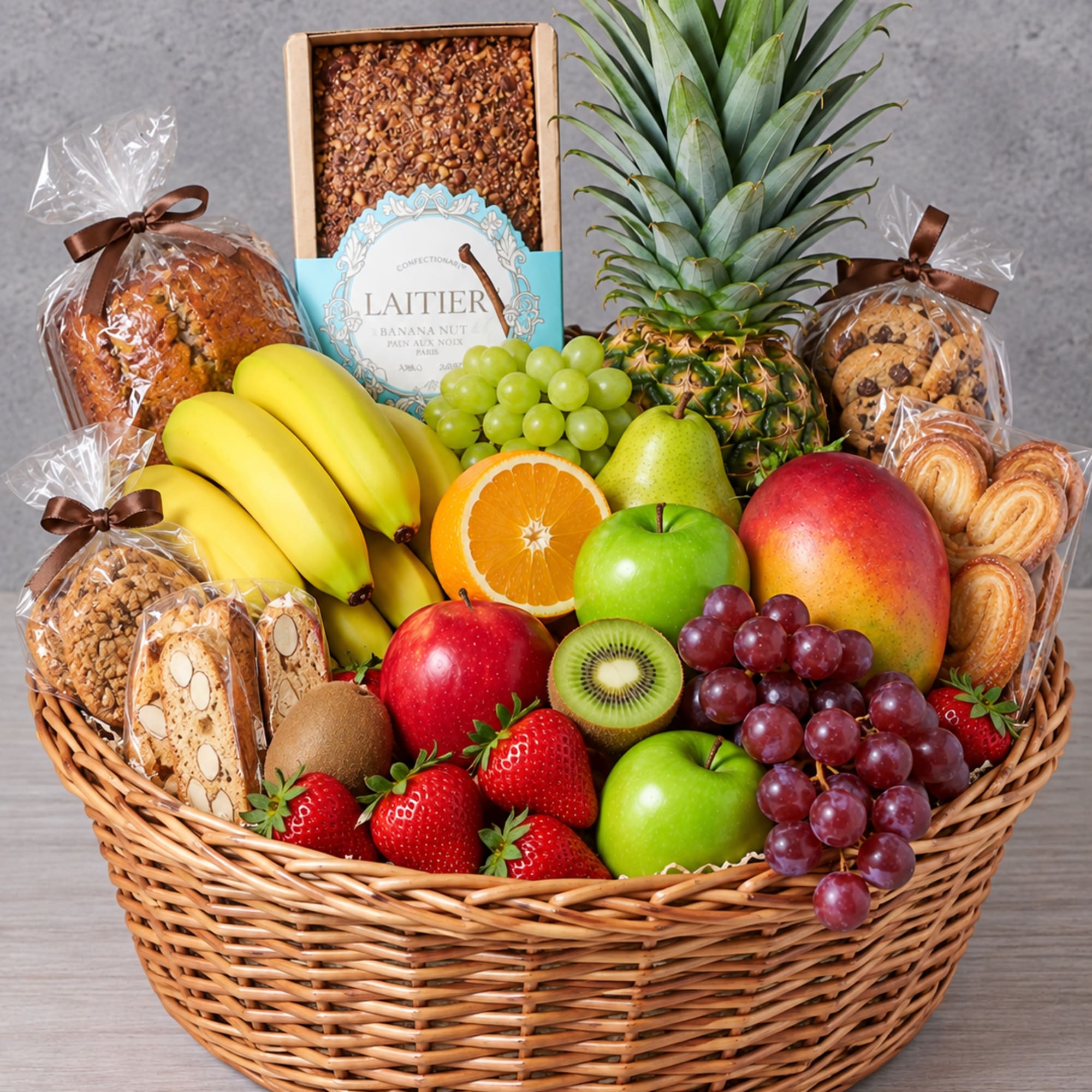 Fruit and snack gift basket with pineapple, bananas, grapes, apples, and cookies