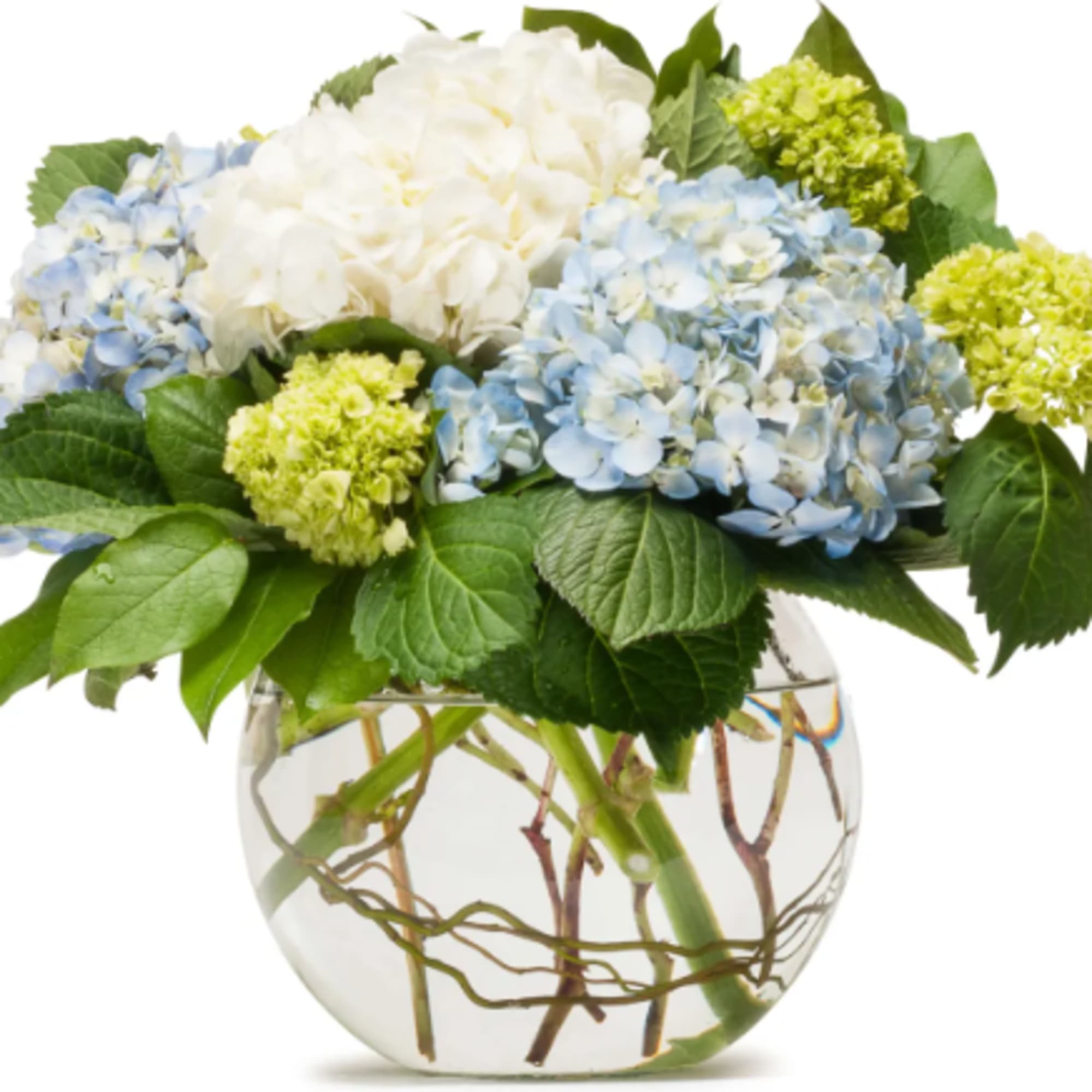 Blue and white hydrangea arrangement in a clear glass vase