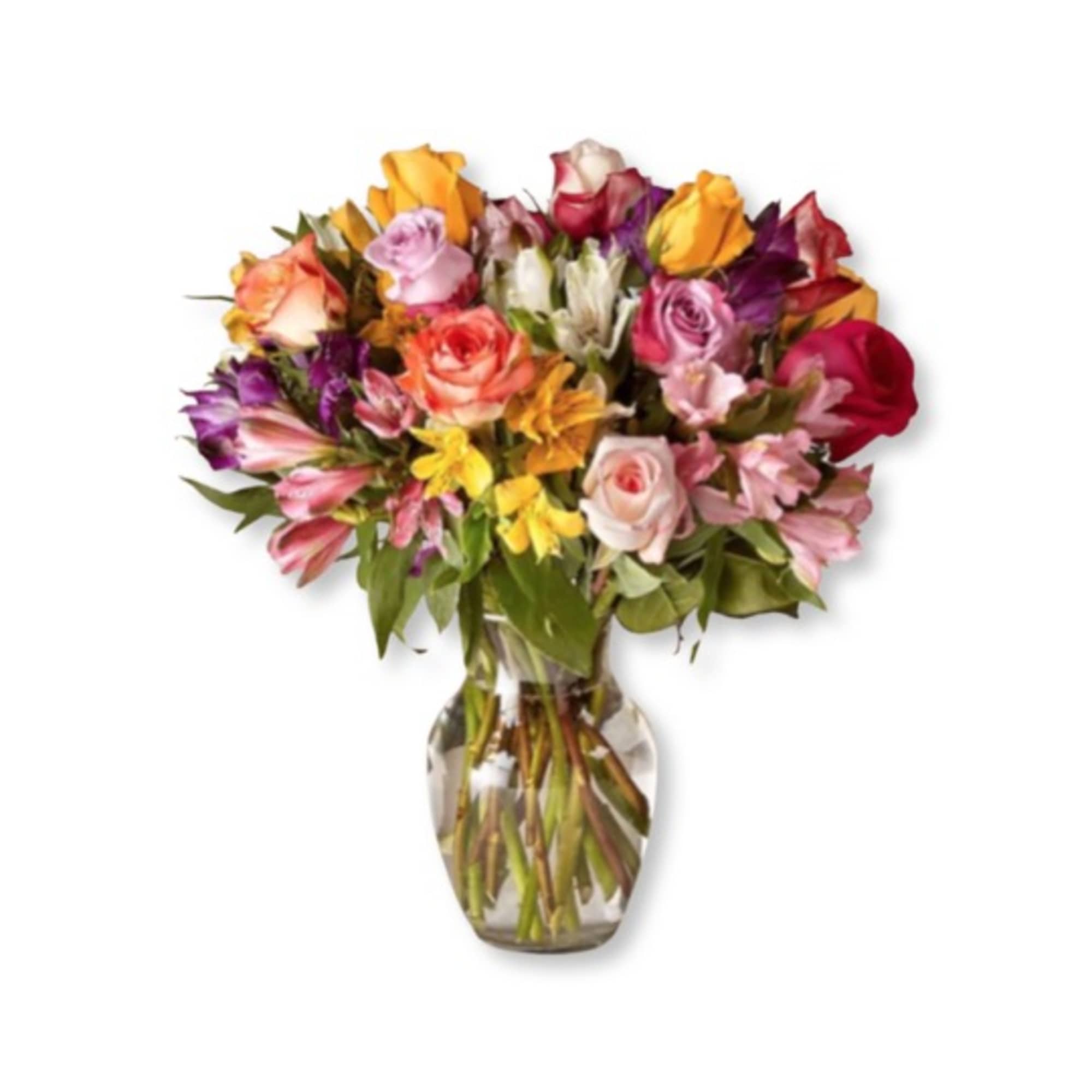 Mixed bouquet of colorful roses and alstroemeria in a clear glass vase