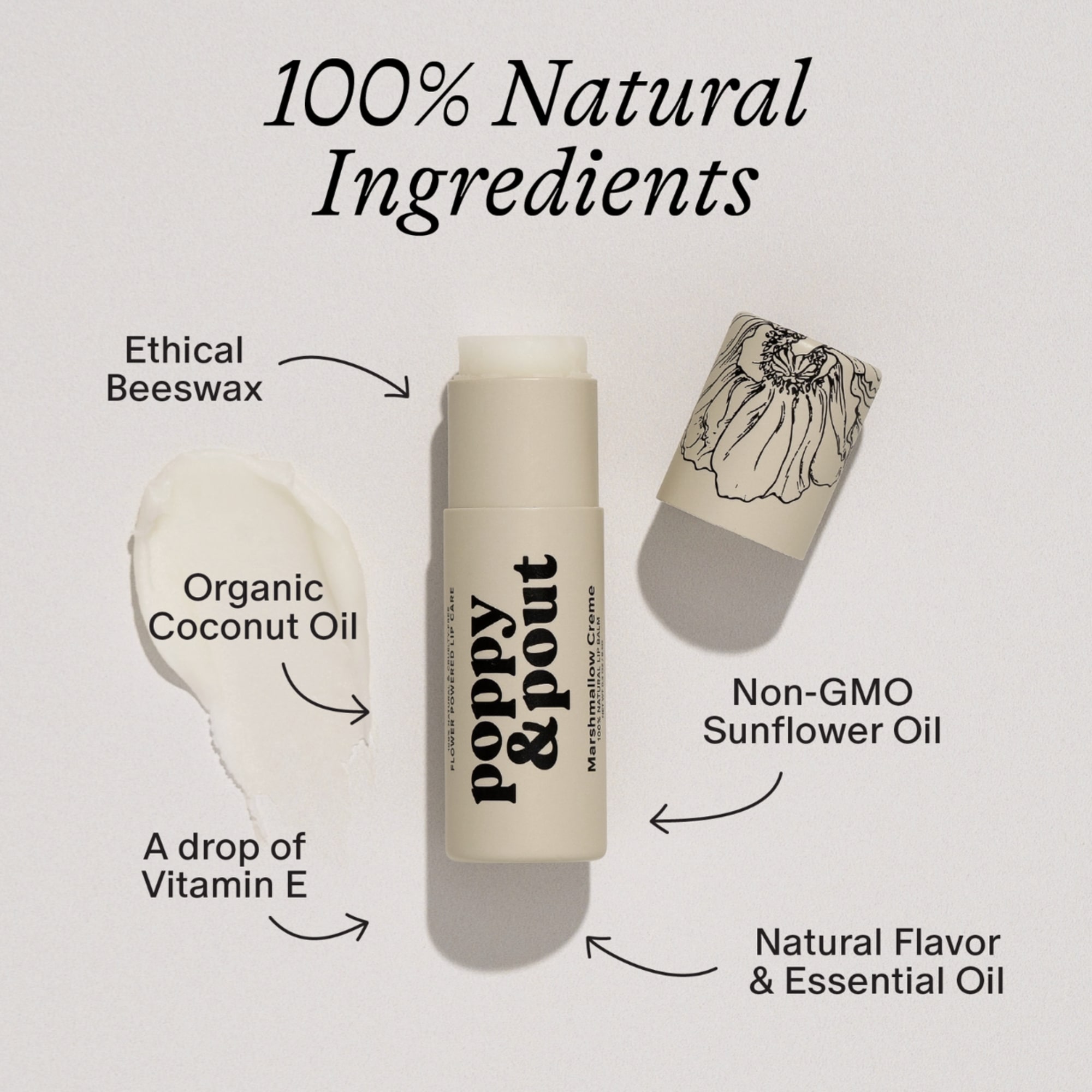 Beige lip balm tube with ingredient callouts on a white background
