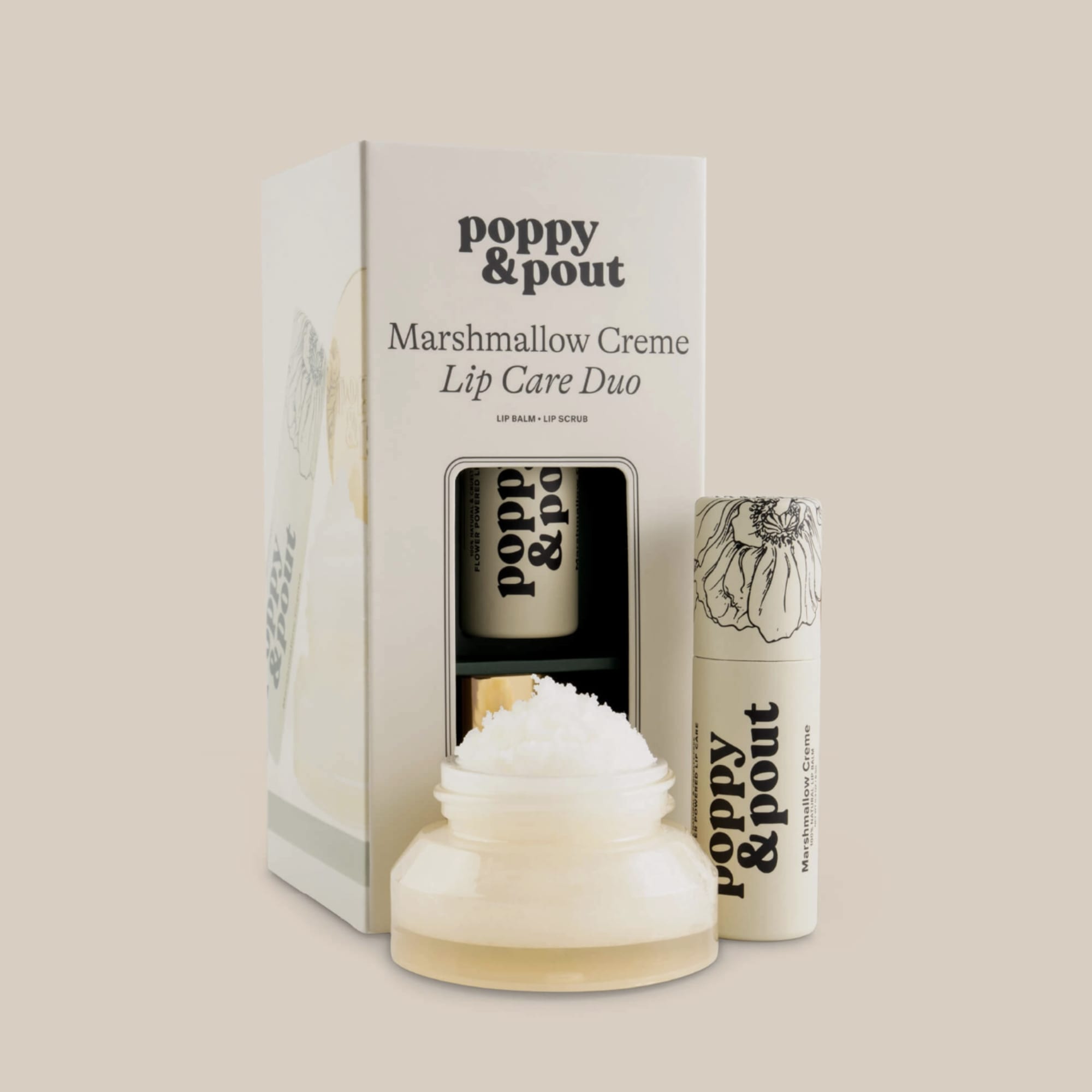 Lip care duo in cream packaging with a balm jar and tube
