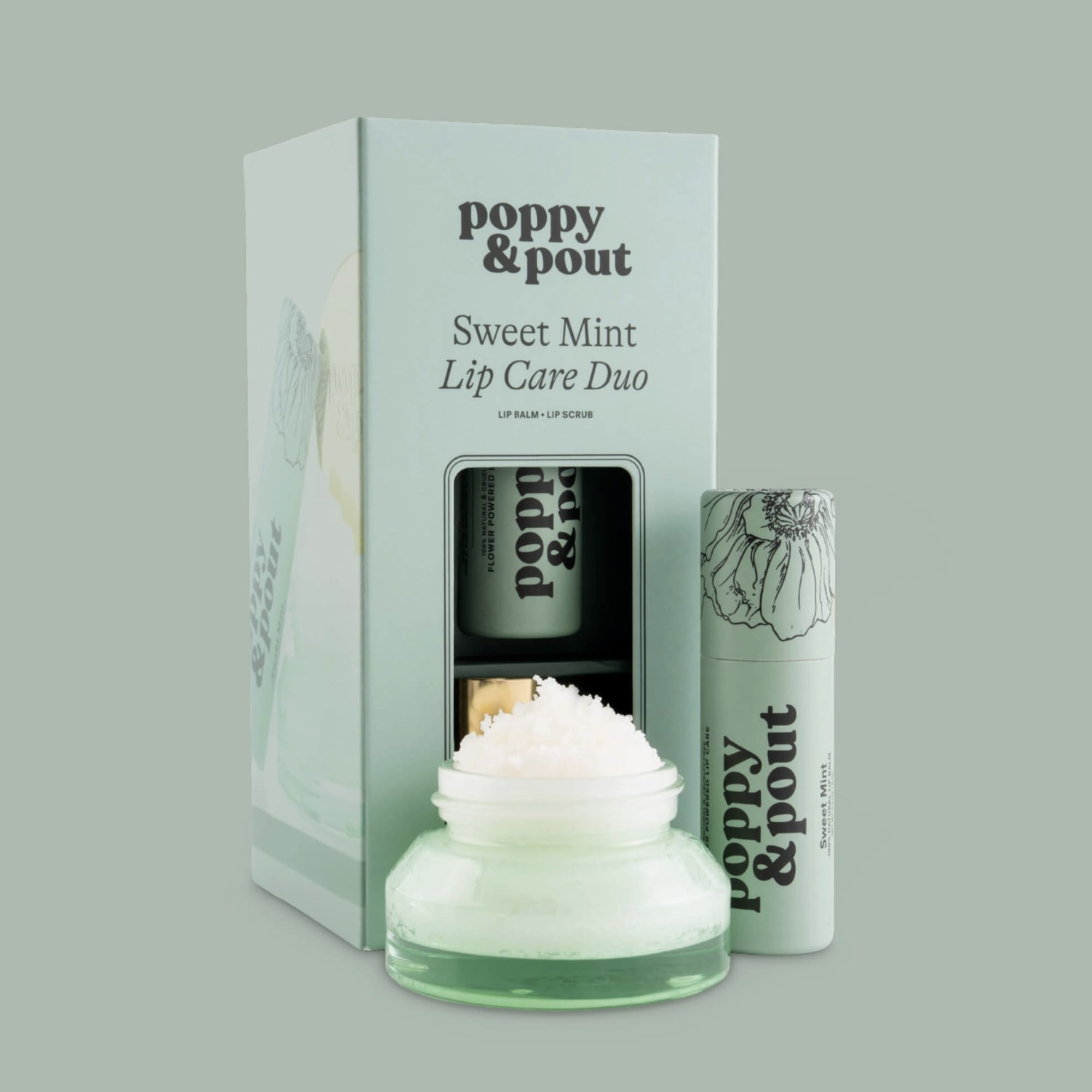 Mint-colored lip care duo box with balm, scrub, and jar