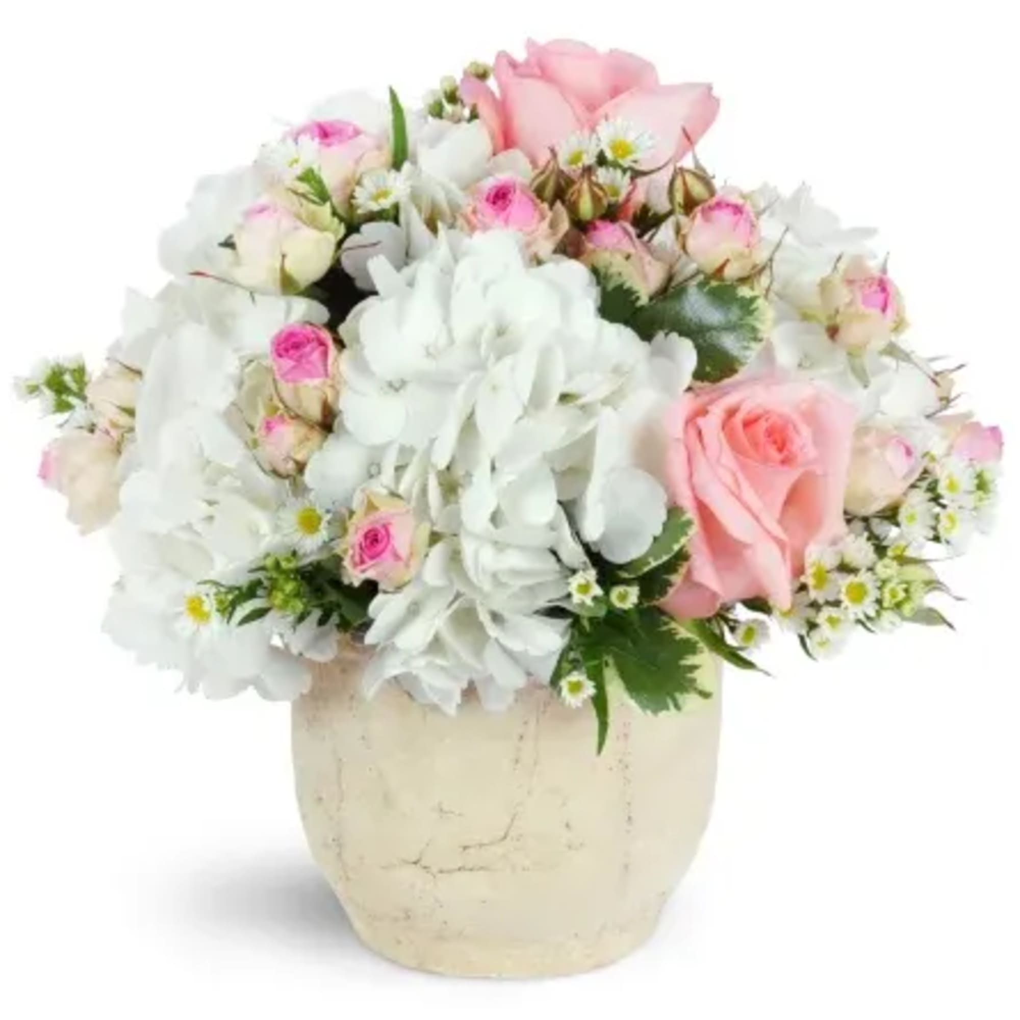 Pink and white rose bouquet in a cream vase, photo 2 of 2