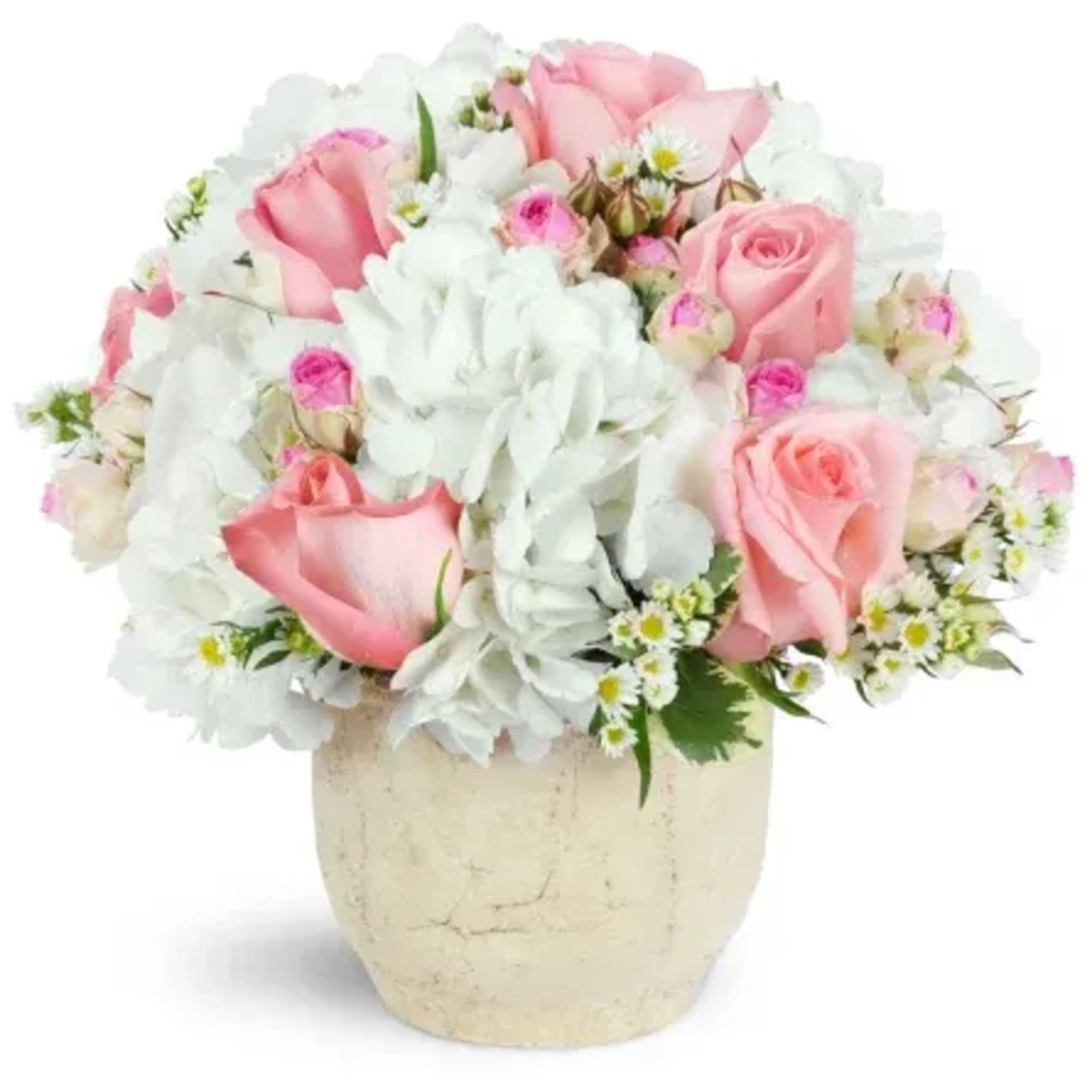 Pink roses and white flowers arranged in a cream vase, photo 2 of 2