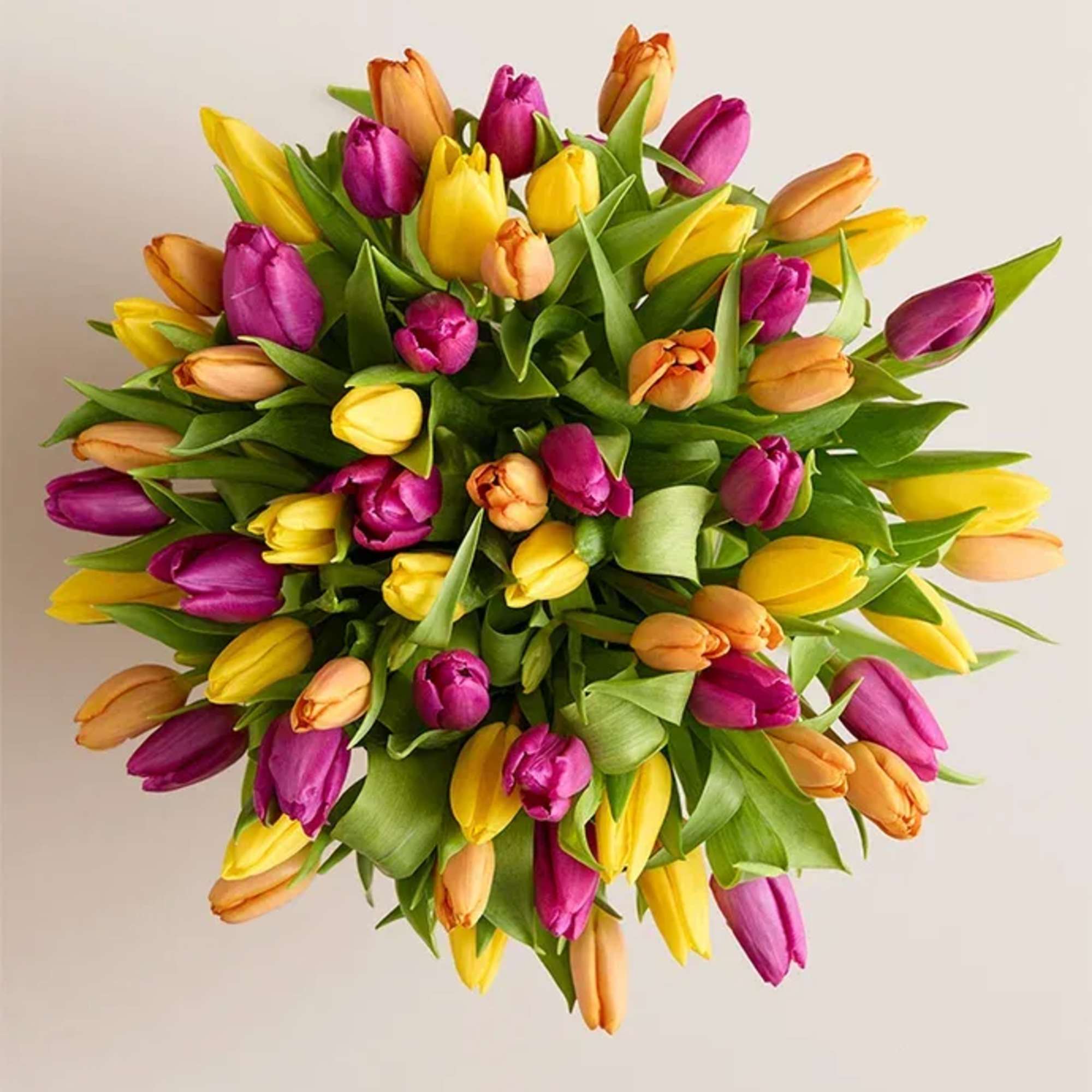 Bouquet of yellow, pink, and orange tulips