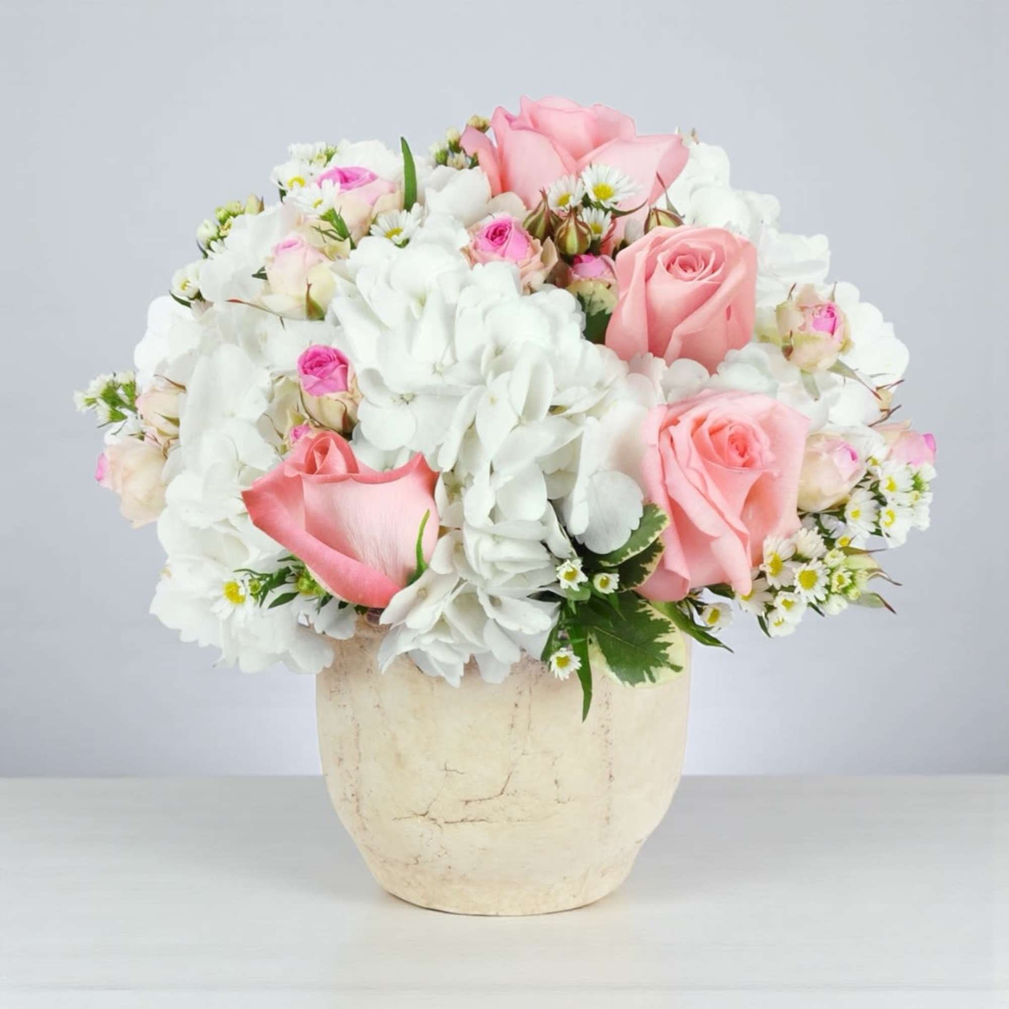 Pink roses and white hydrangeas in a cream vase