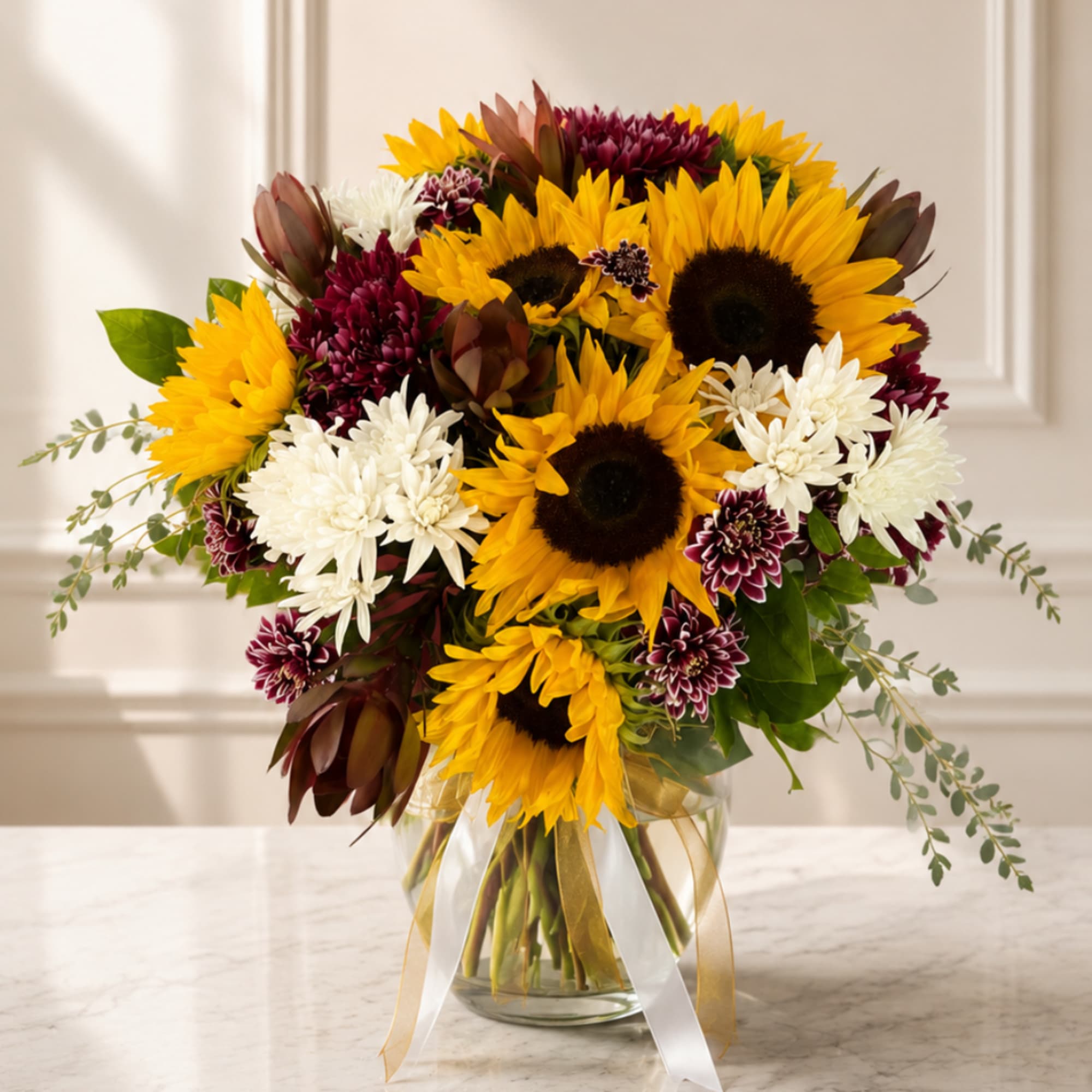 Sunflowers and white chrysanthemums in a glass vase with ribbon