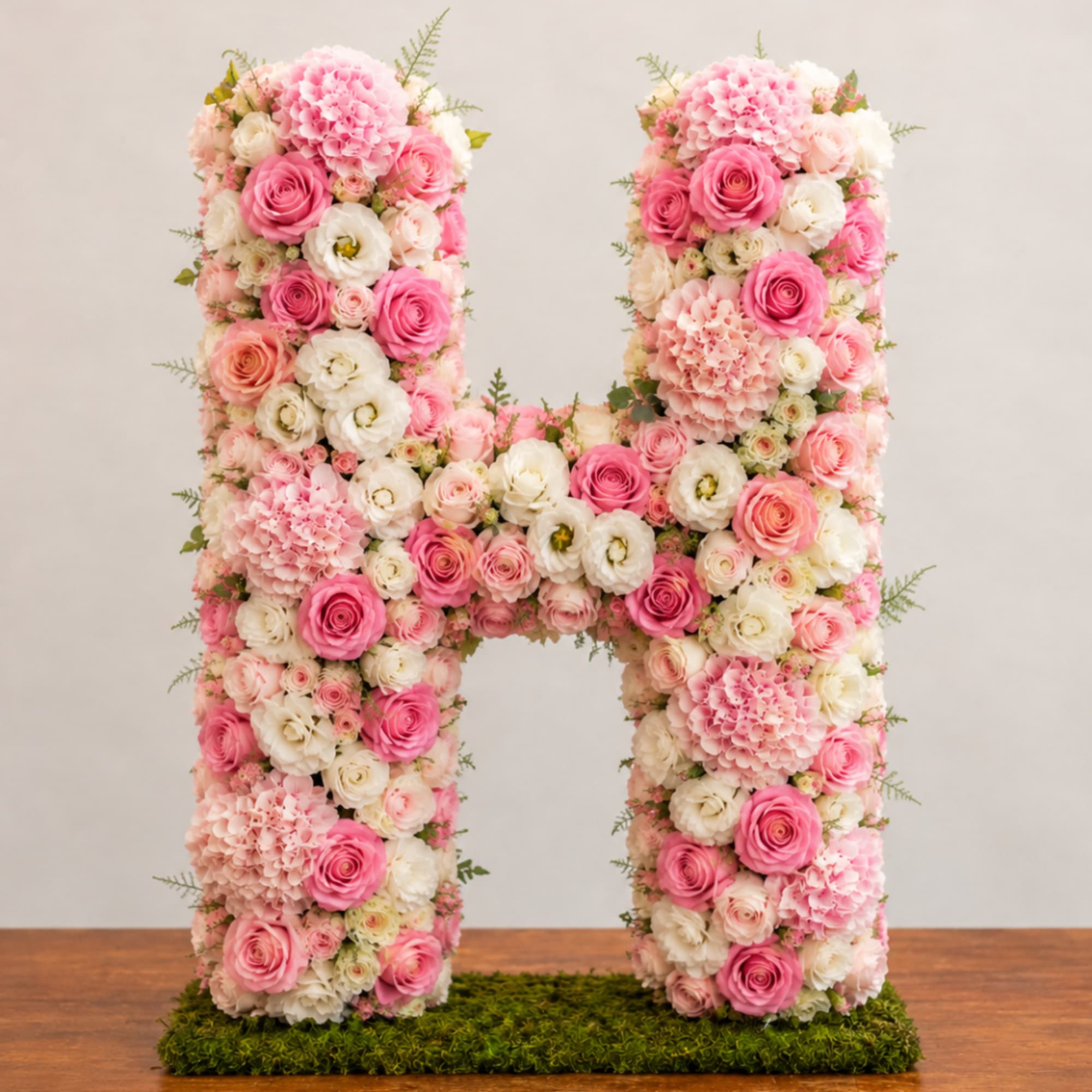 Large floral letter H covered in pink and white flowers on a moss base